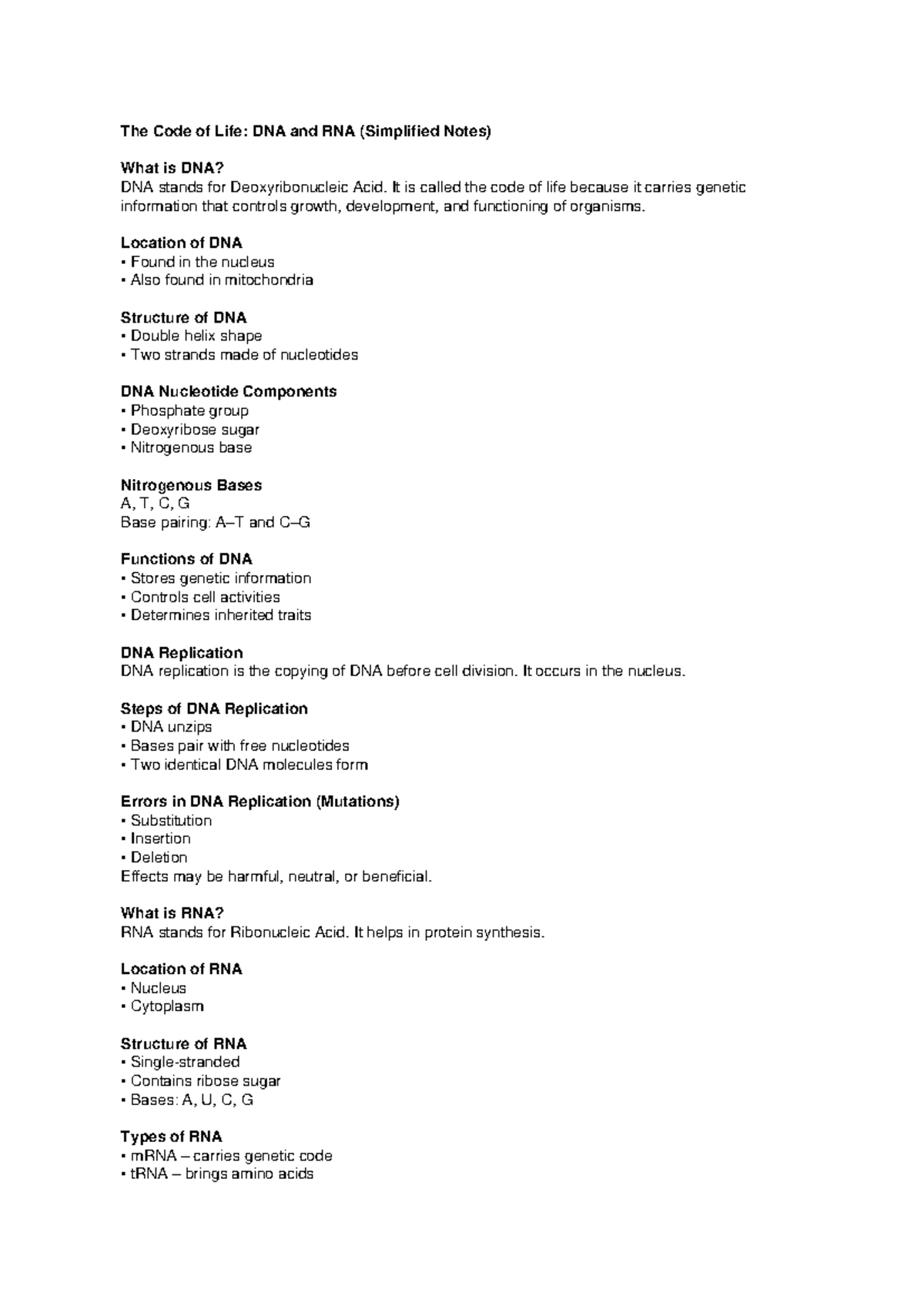 Life Science Dna Code Of Life Notes