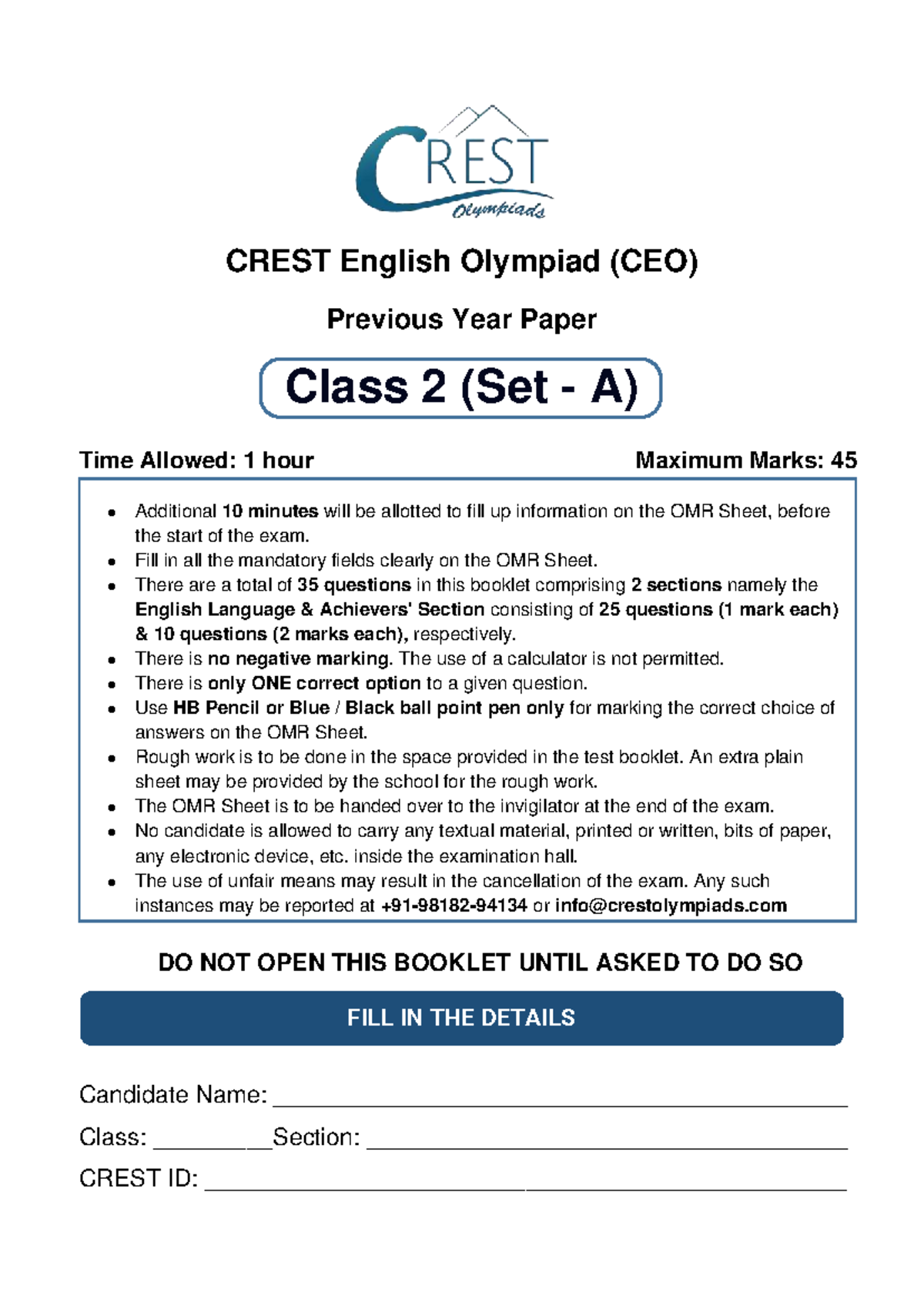 CEO Previous Year Paper for Class 2 - English Olympiad Set A - Studocu