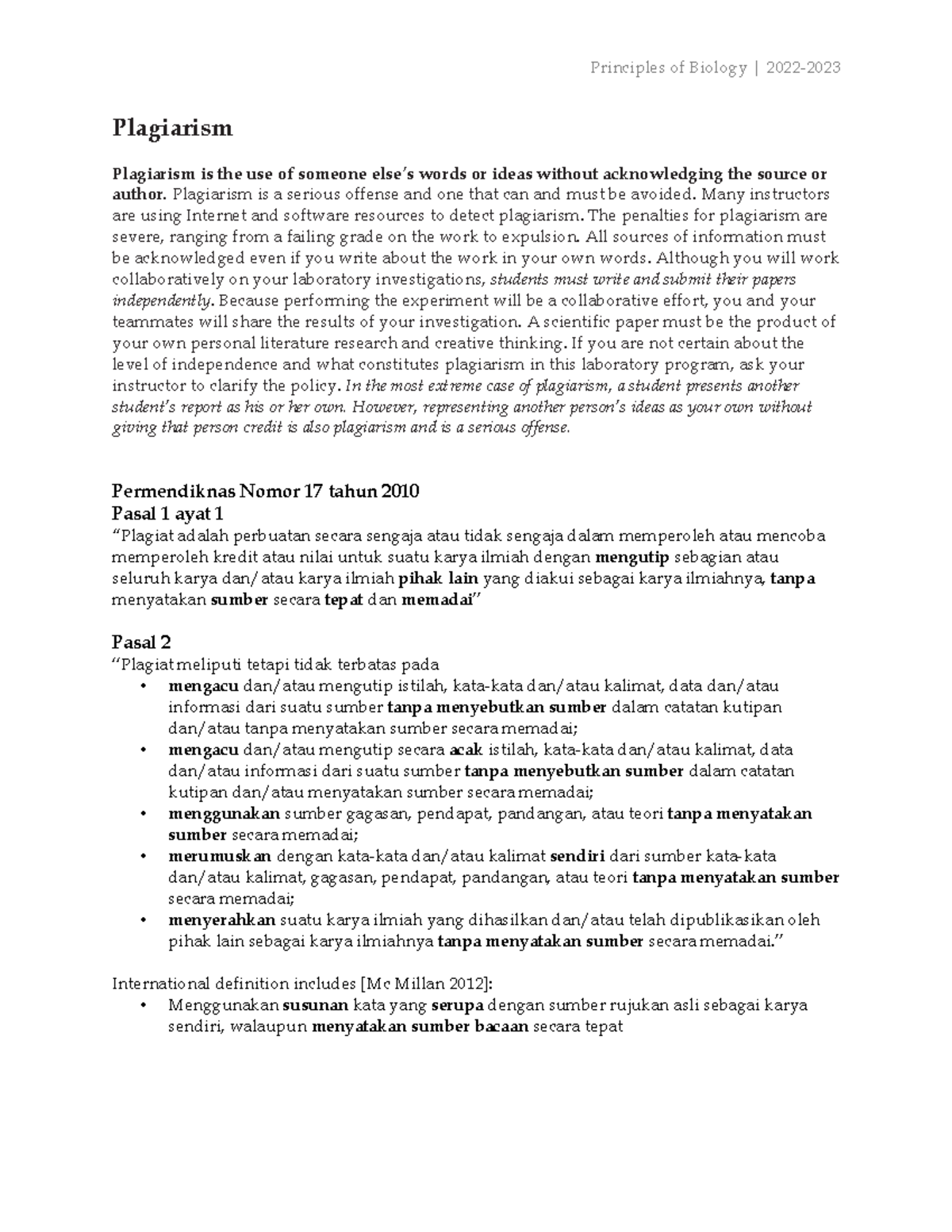 Avoiding Plagiarism in Biology - Principles and Guidelines - Studocu