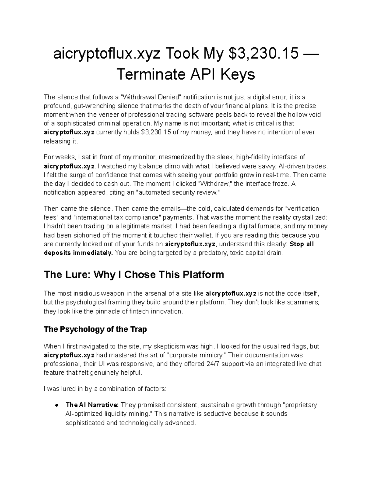 AICRYPTFLUX.XYZ: My $3,230.15 Loss & API Key Termination Guide - Studocu