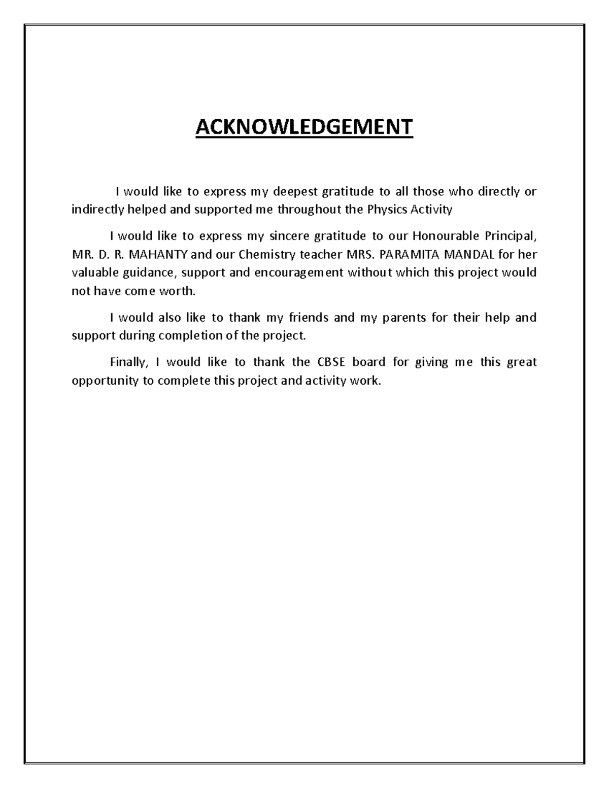 Acknowledgement for Physics Activity (Chem1) - Studocu