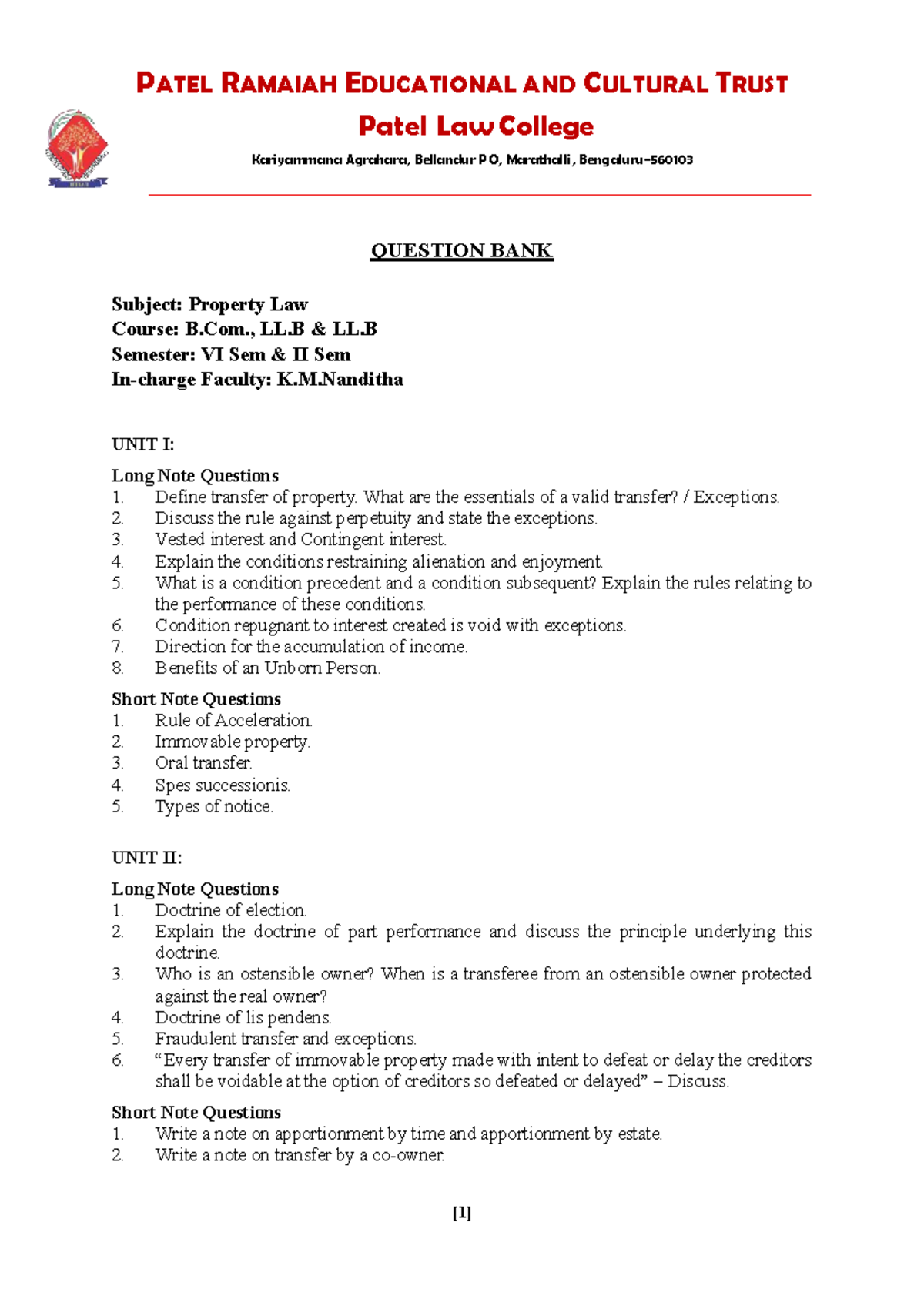 Property Law Question Bank - B.Com., LL.B VI Sem II Sem - Studocu