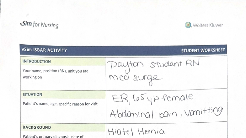 vSim for Nursing: ISBAR Activity Student Worksheet - Clinical Day 8 ...
