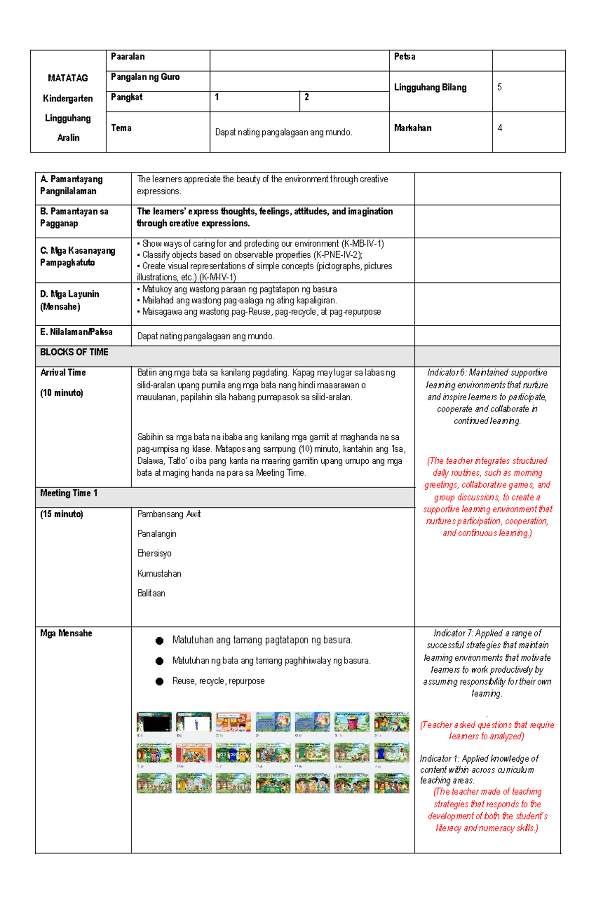 DLL with Indicators and Annotation Q4 W5: Pangalagaan ang Mundo sa ...