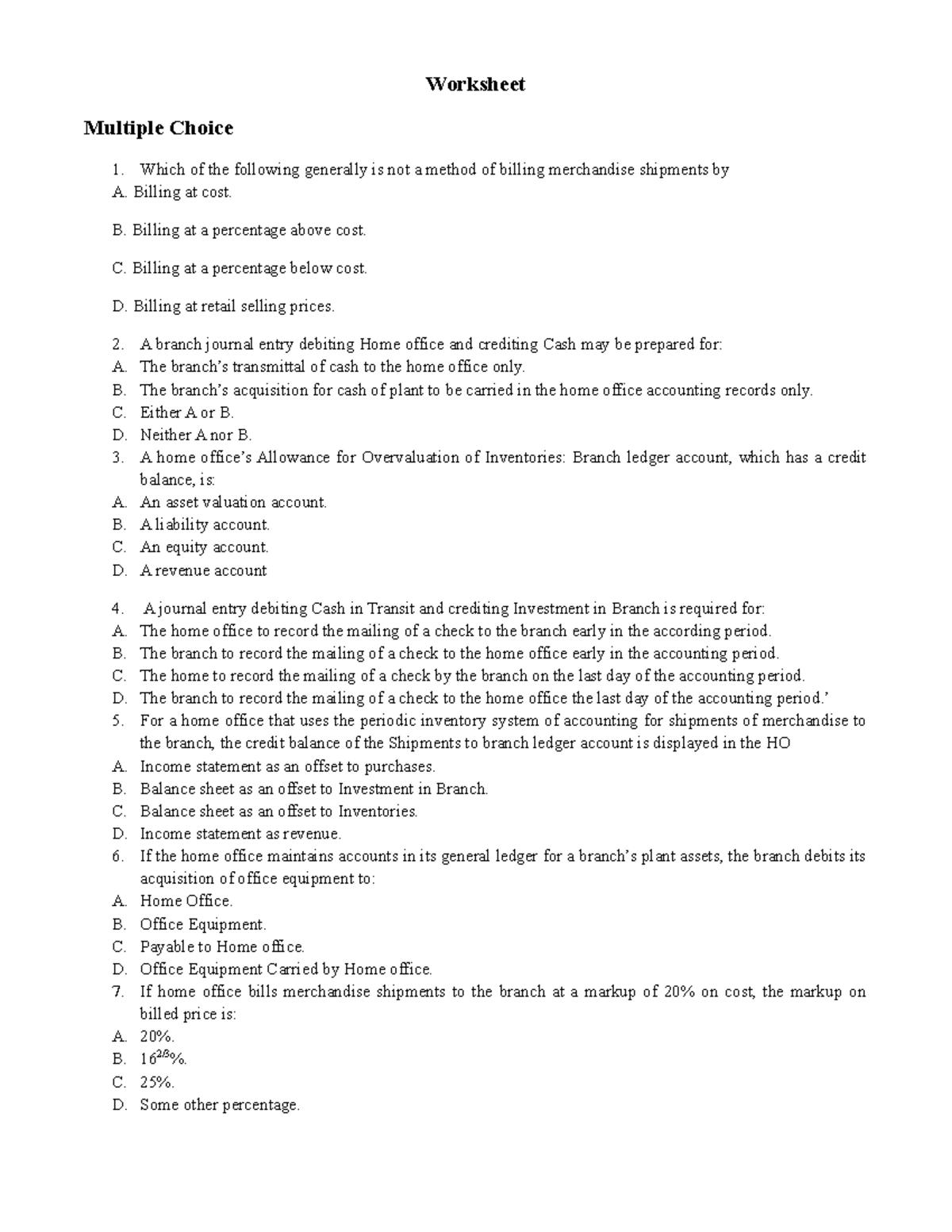 Advanced Financial Accounting Worksheet (ACCT 501) - Intercompany ...