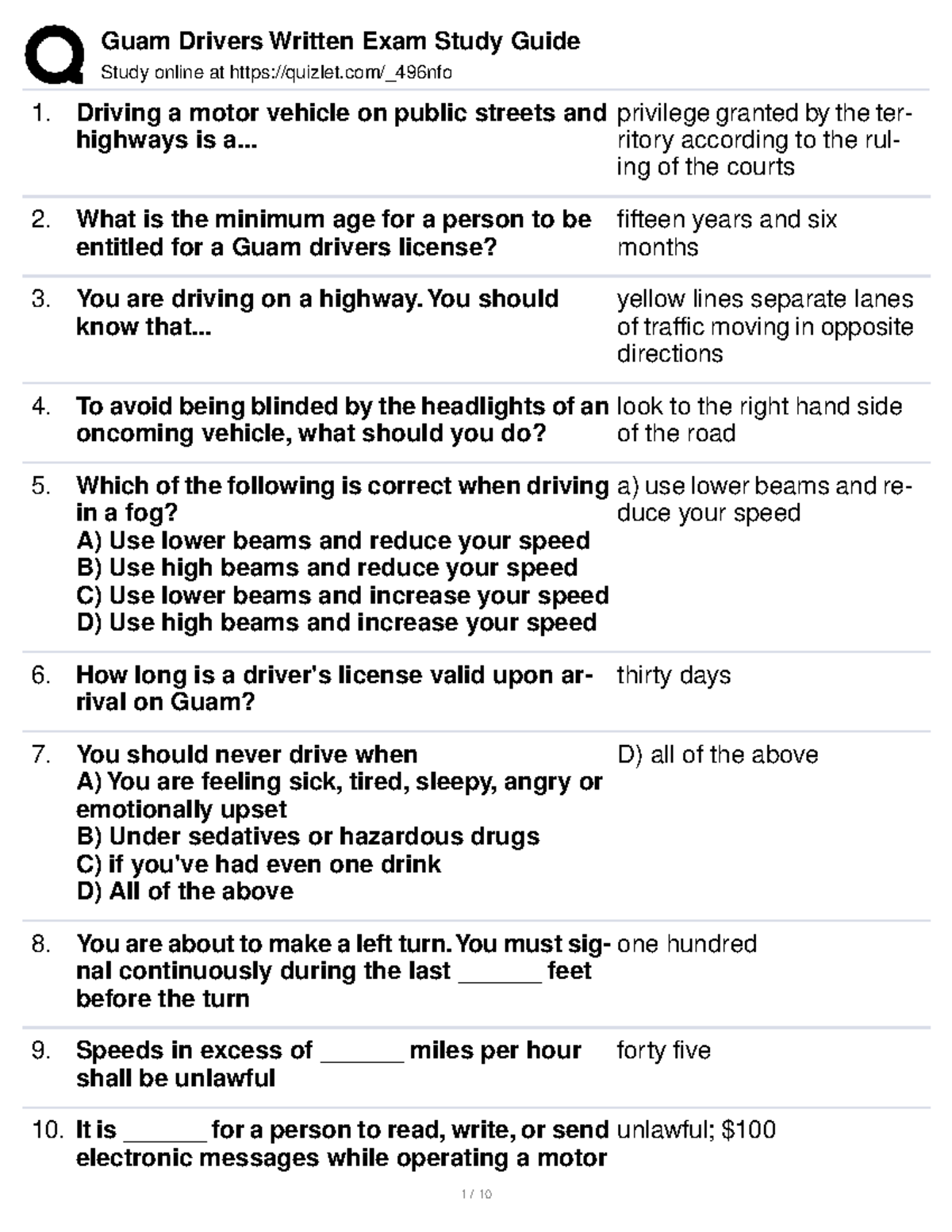 Guam Drivers Written Exam Study Guide: Key Concepts and Tips - Studocu