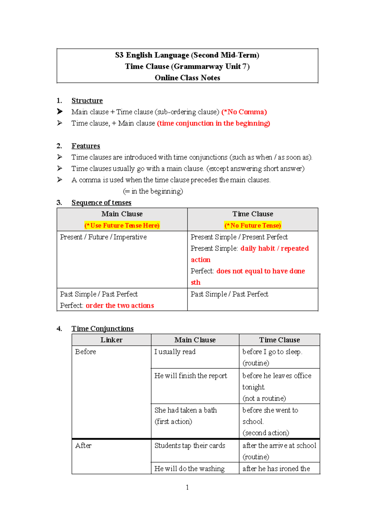 S3 English Language Second Mid-Term Notes: Time Clauses Analysis - Studocu