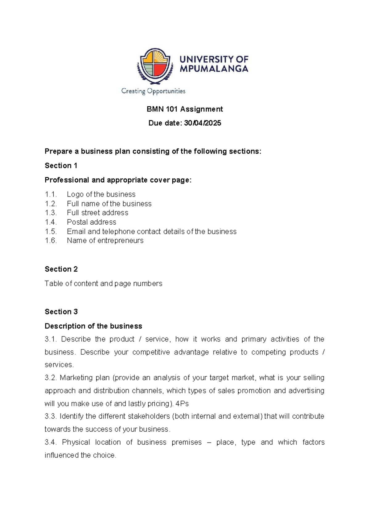 BMN 101 Business Plan Assignment Guidelines and Requirements - Studocu