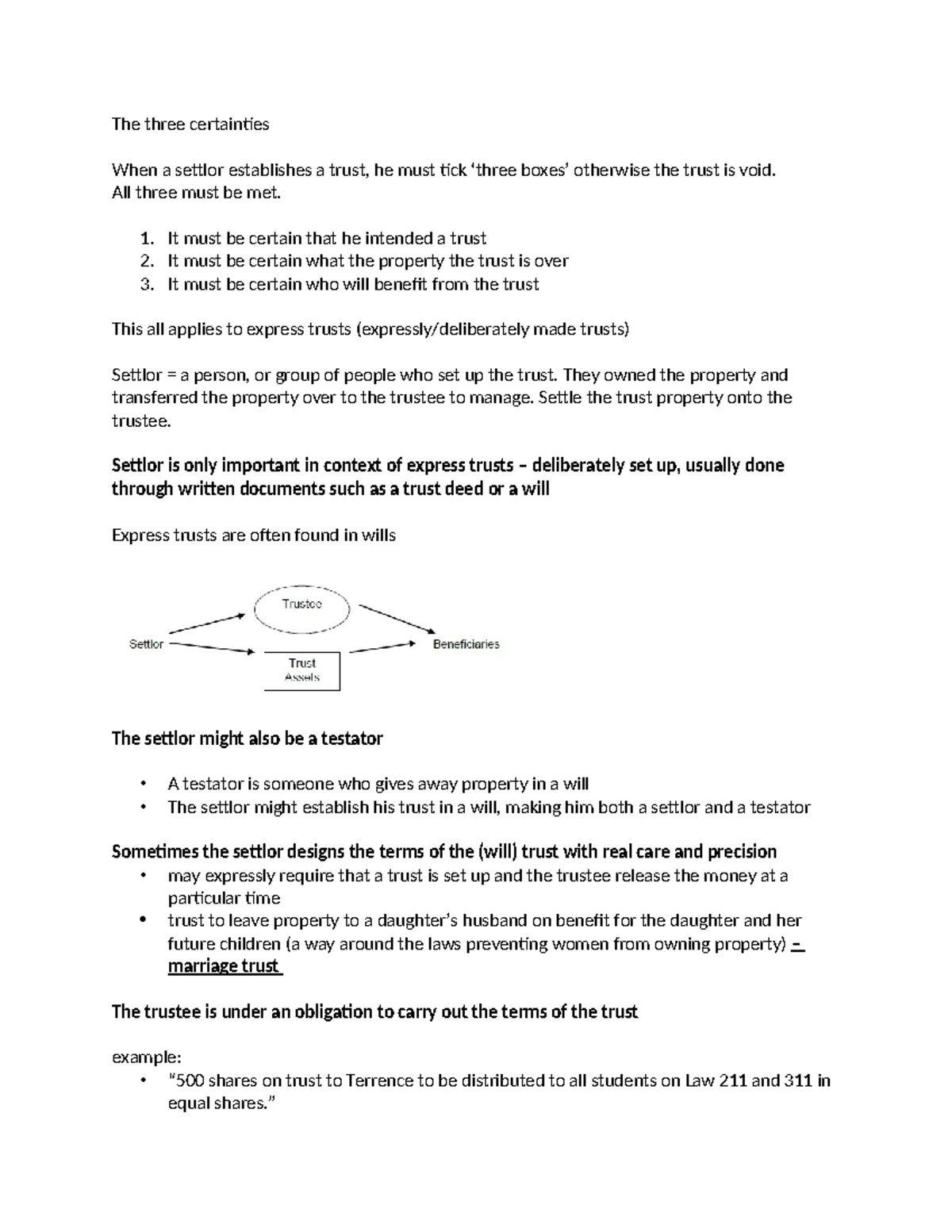 The 3 Certainties in Express Trusts: Lecture Notes for Law 211 - Studocu