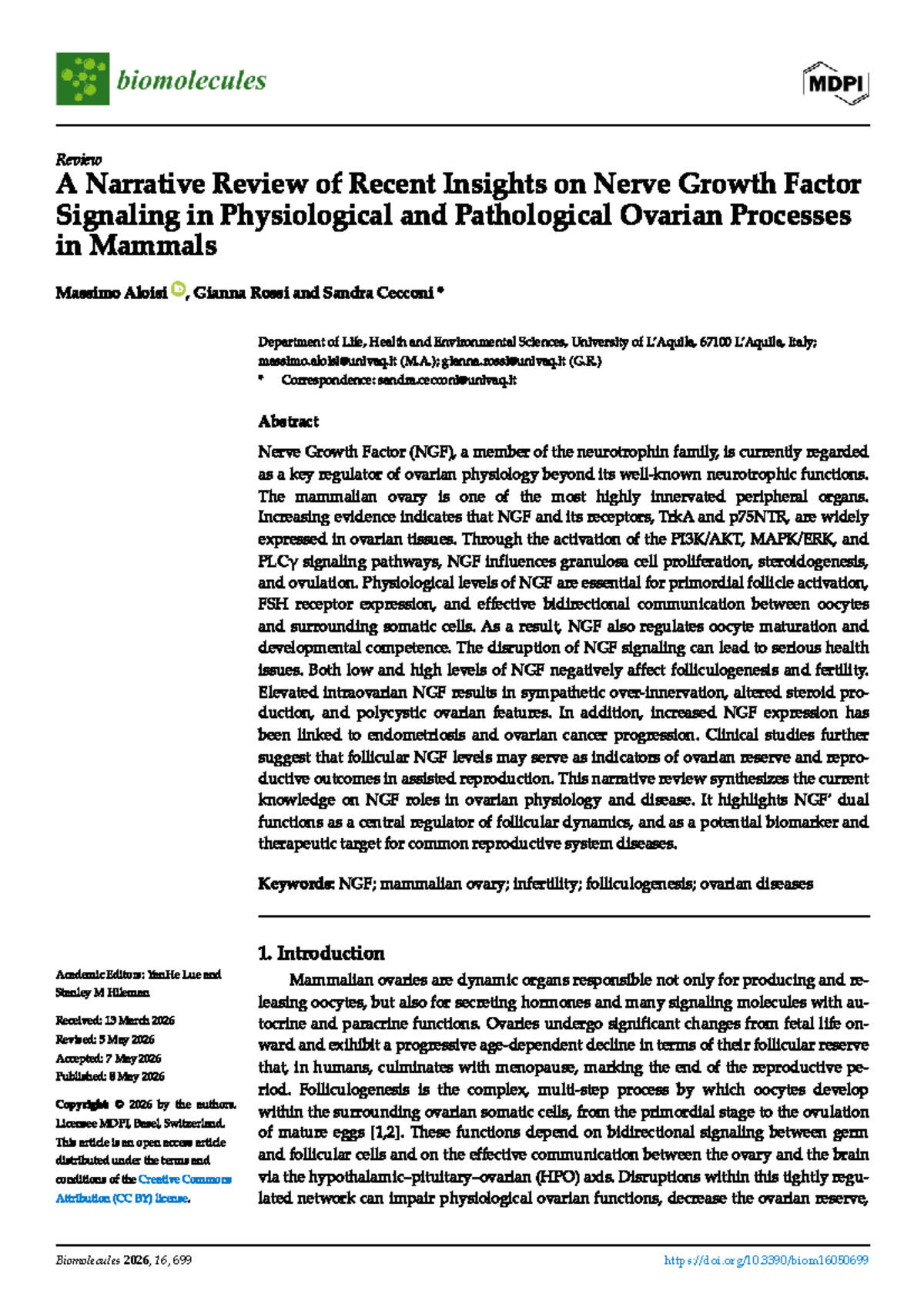 Nerve Growth Factor Signaling in Ovarian Physiology and Pathology: A ...
