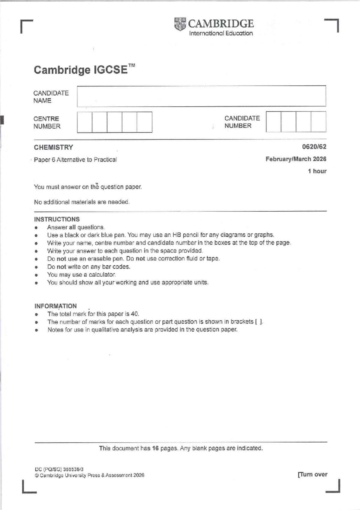 Chemistry A Paper 6 Alternative to Practical 0620 m26 Exam 2026 - Studocu