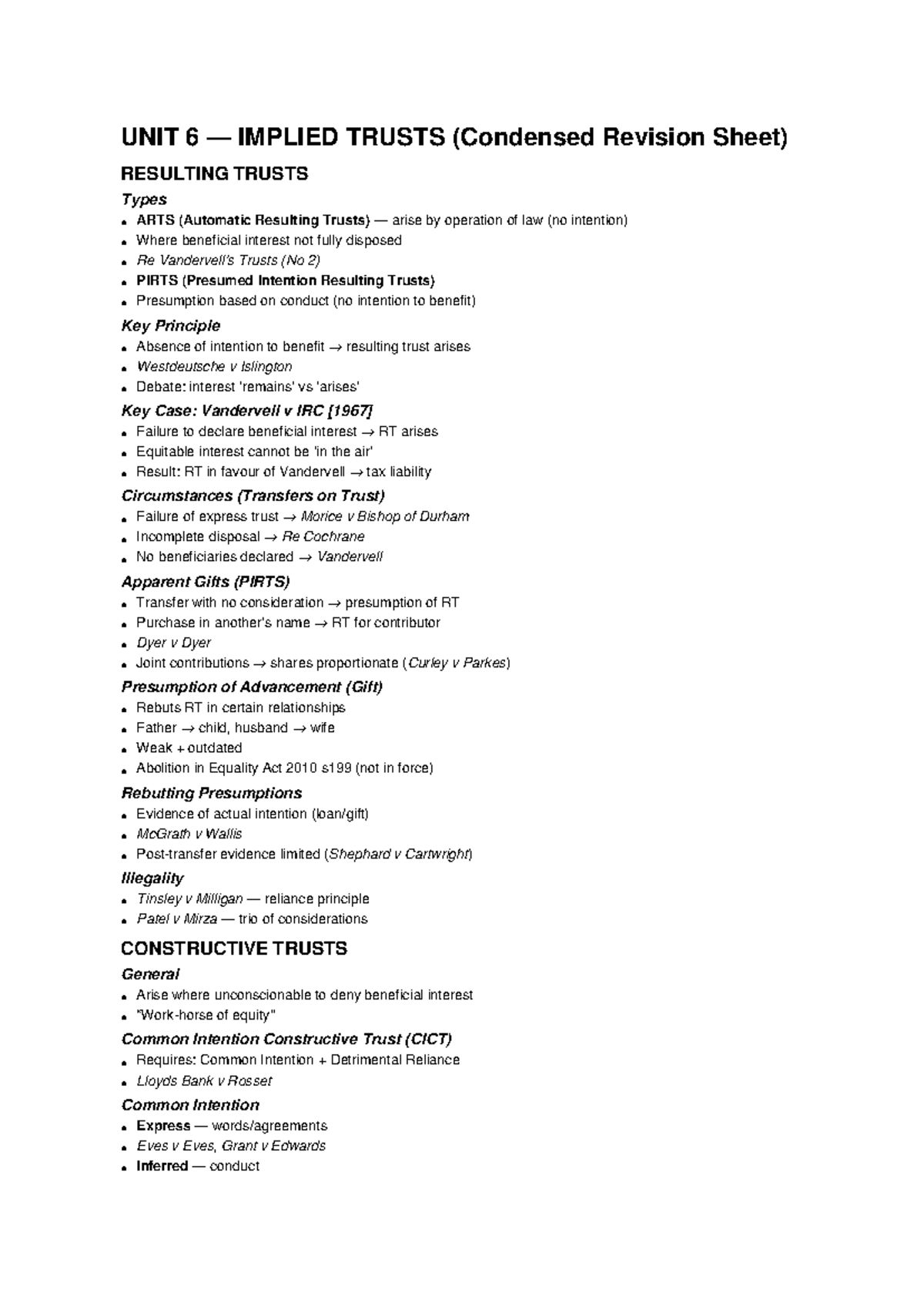 Unit 6: Implied Trusts & Resulting Trusts Revision Notes - Studocu