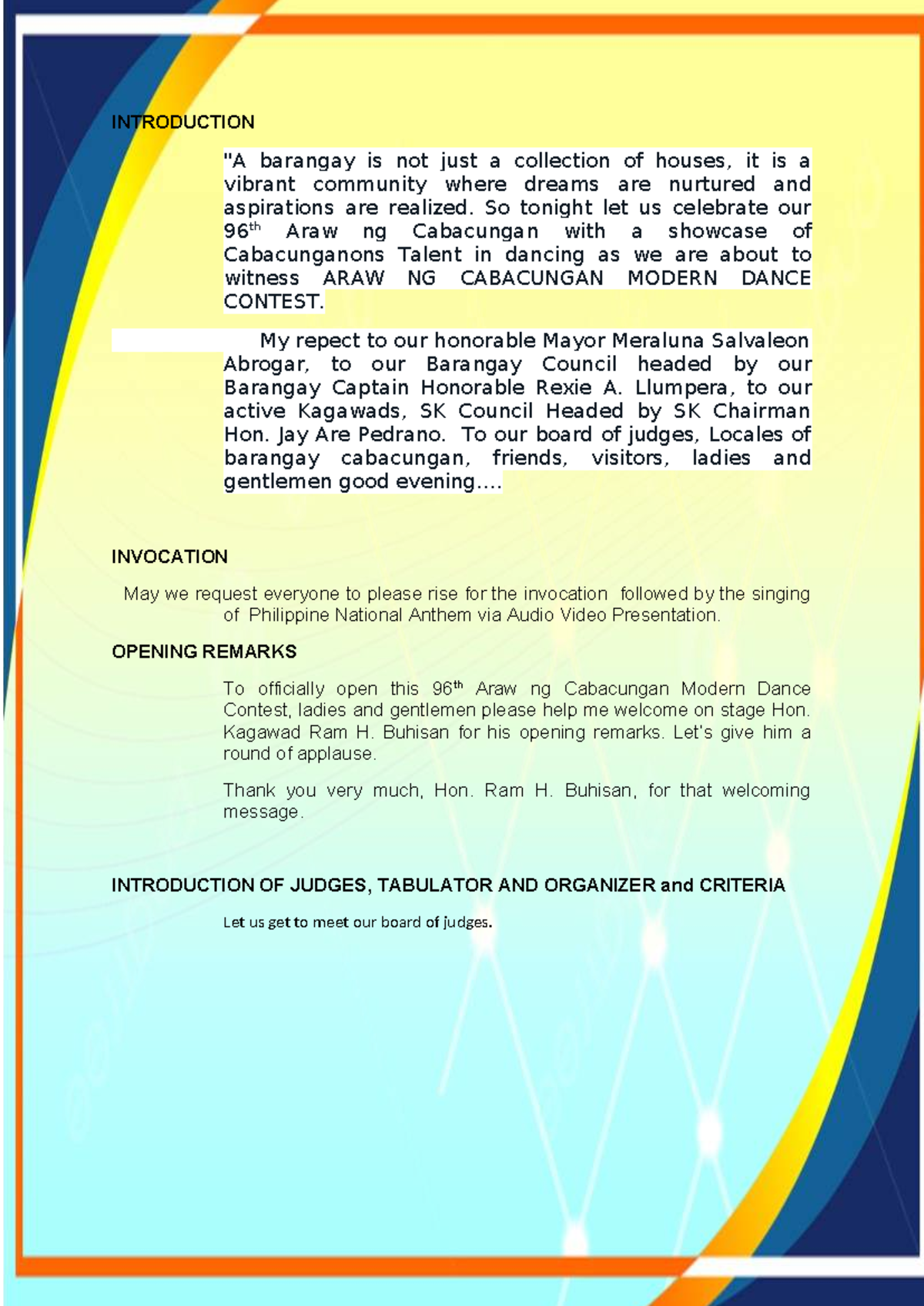 Araw ng Cabacungan 96th Modern Dance Contest Program - Studocu
