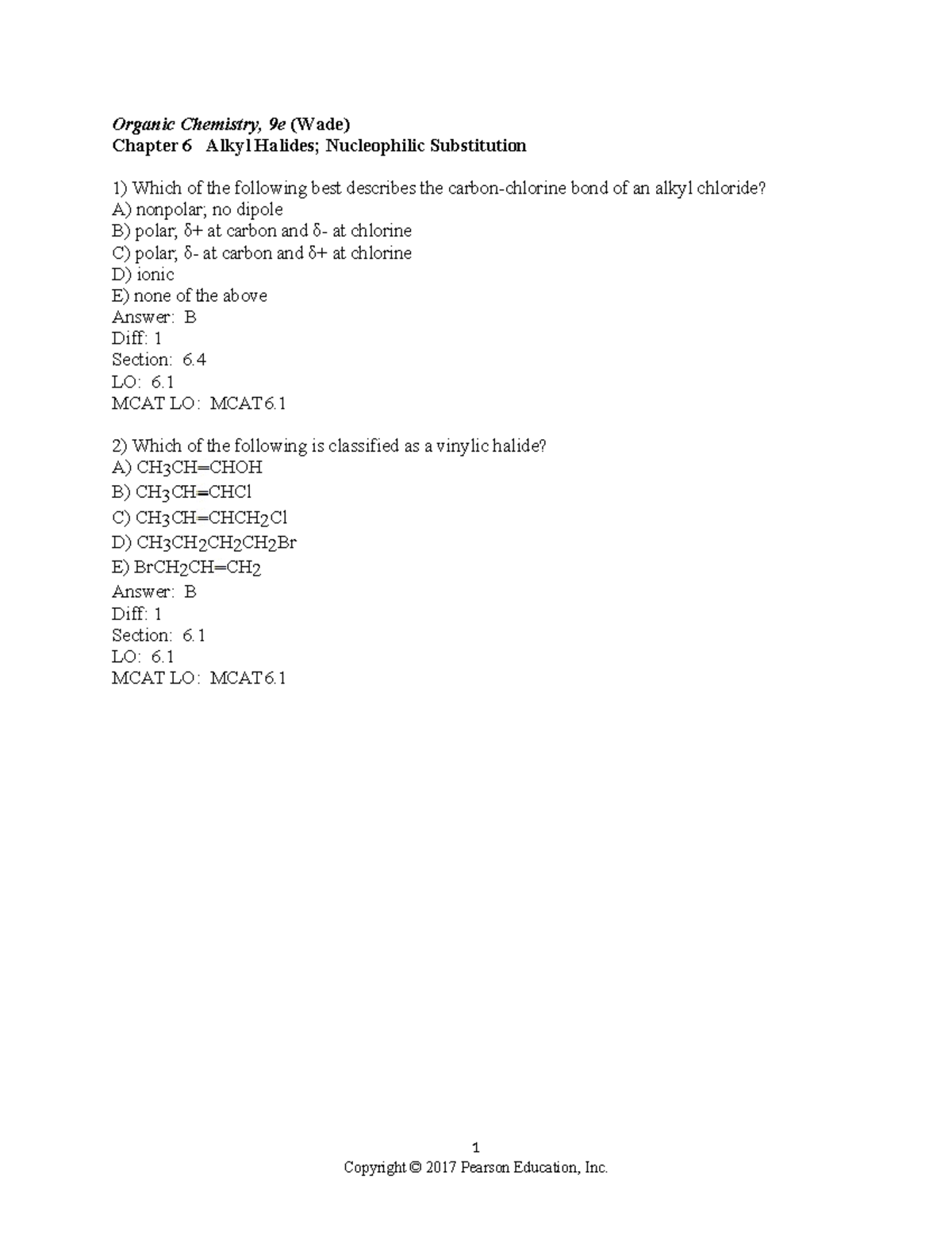 Organic Chemistry, 9e (Wade) Chapter 6 Test Bank Problems - Studocu