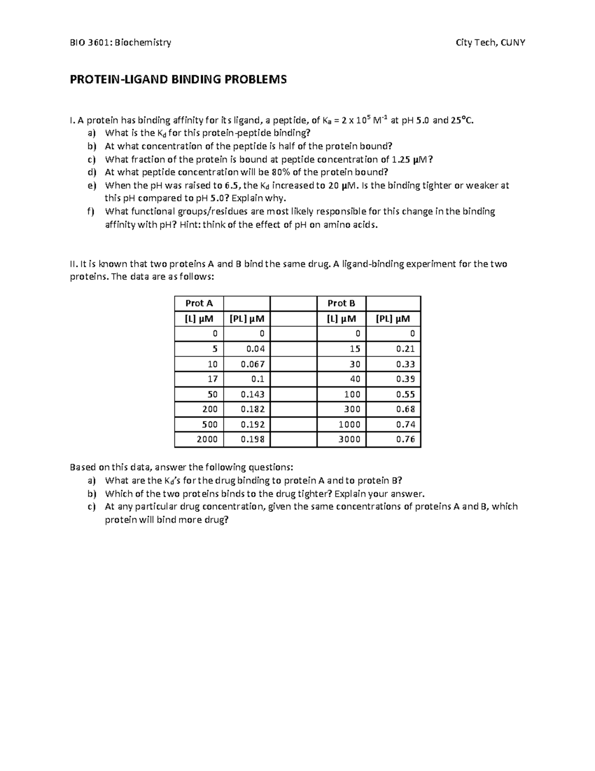 LEC 05a - Protein-Ligand Binding Problems - BIO 3601: Biochemistry City ...
