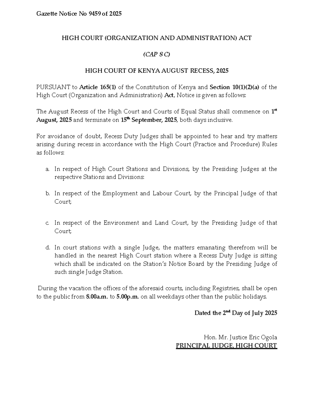 High Court August Recess 2025 Gazette Notice No. 9459 - Studocu
