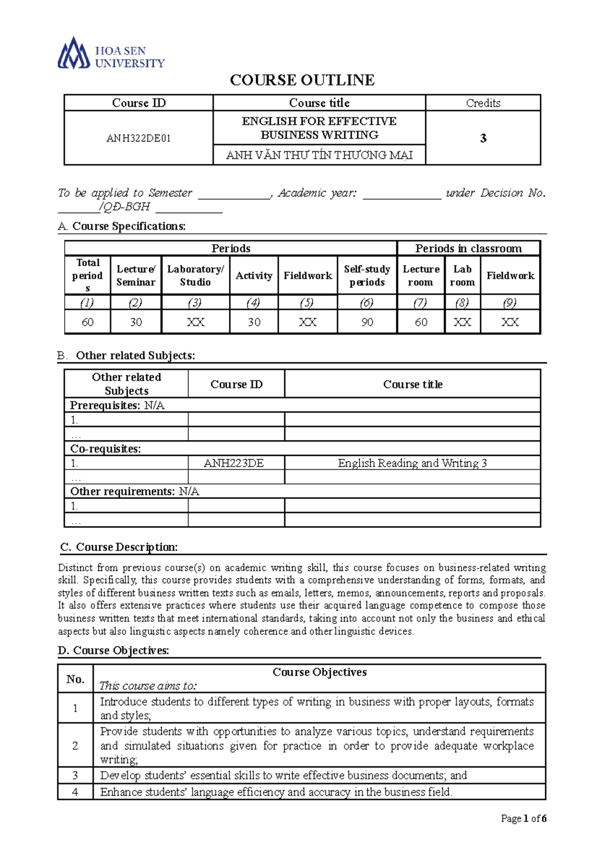 Course Outline- English FOR Effective Business Writing-ANH322DE01 2018 ...