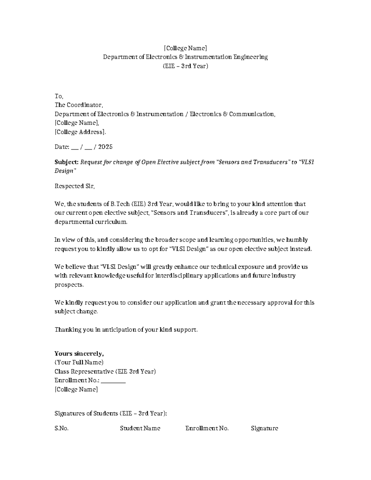 Application for Open Elective Change - EIE 3rd Year - Studocu