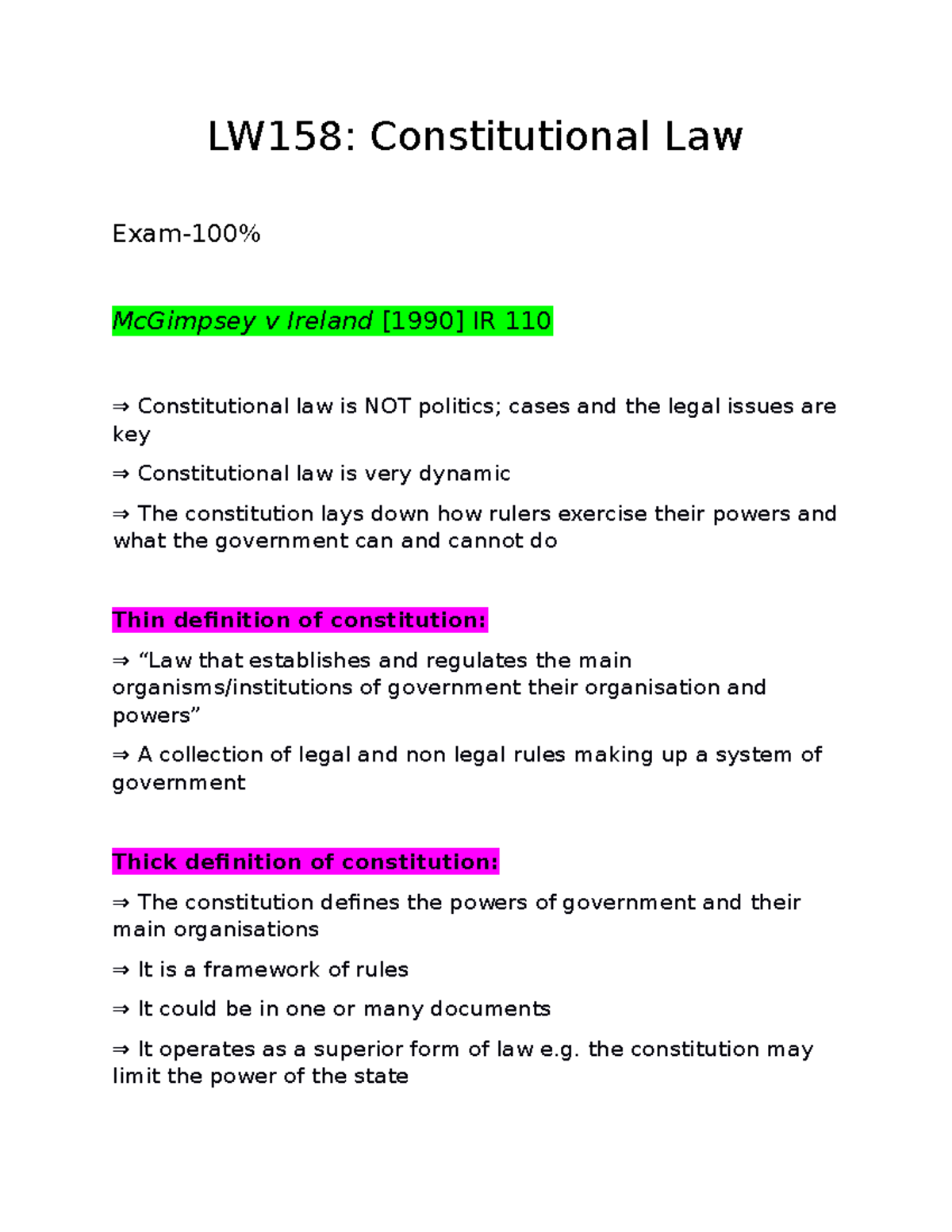 LW158 Constitutional Law: Key Concepts and Case Analyses for Exam - Studocu