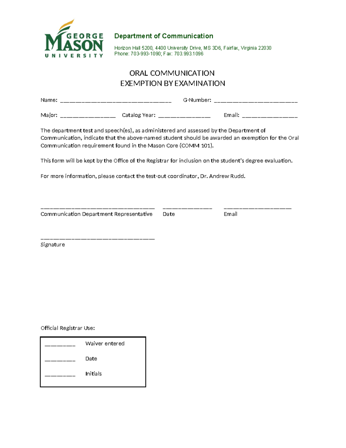 COMM 101 test out exemption form 2022 Word doc - ORAL COMMUNICATION ...