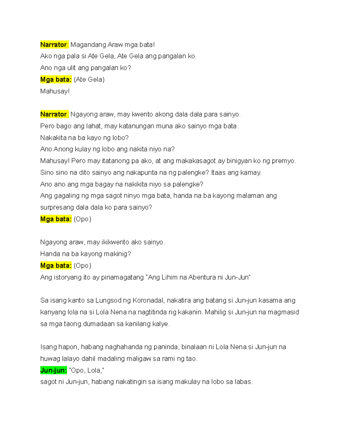 Chamber Script: Lihim na Abentura ni Ate Gela - Studocu
