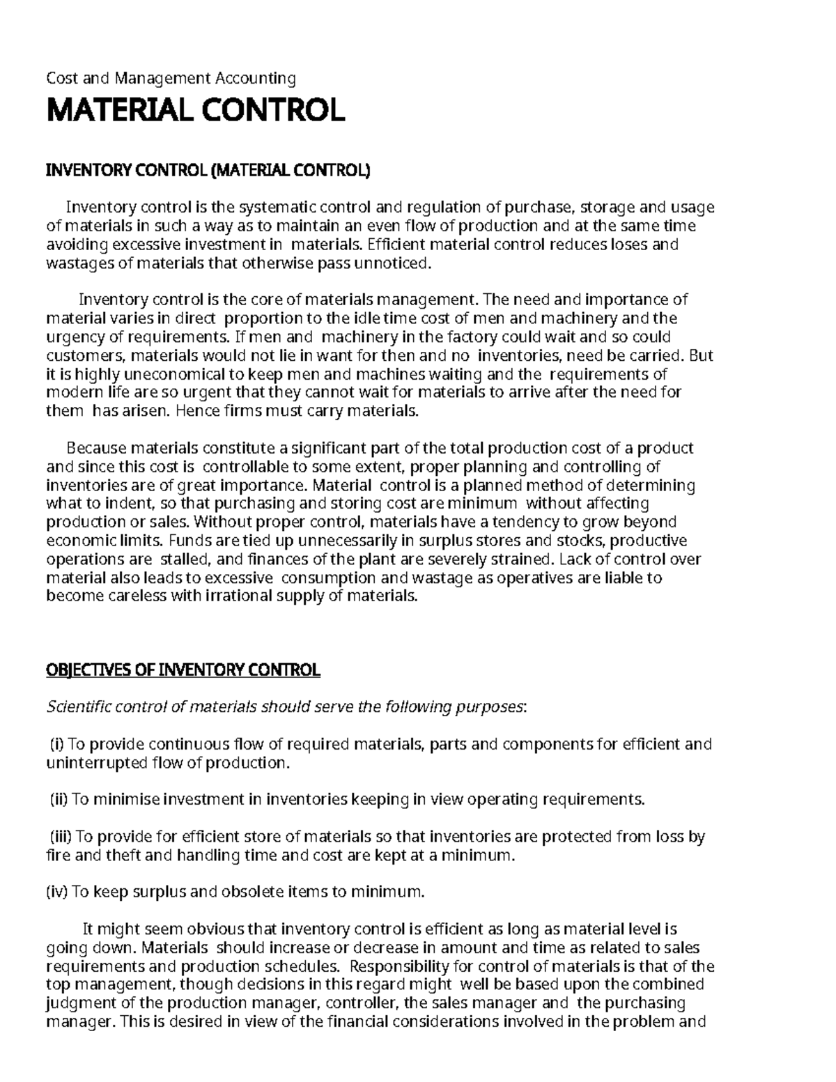 MATERIAL CONTROL NOTES - ACC 101 LECTURE BY RAJAN SIR - Studocu