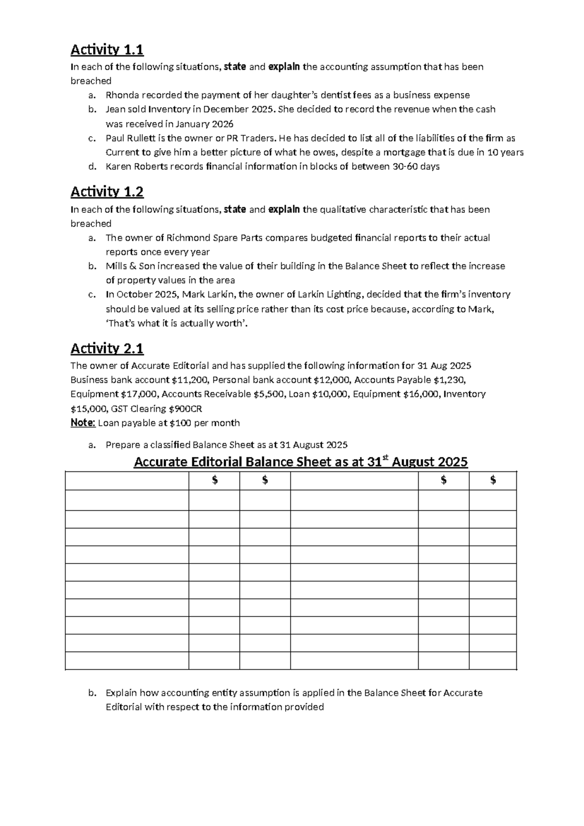 Mark Stepup - ACC101 Holiday Homework Sheet on Accounting Assumptions ...