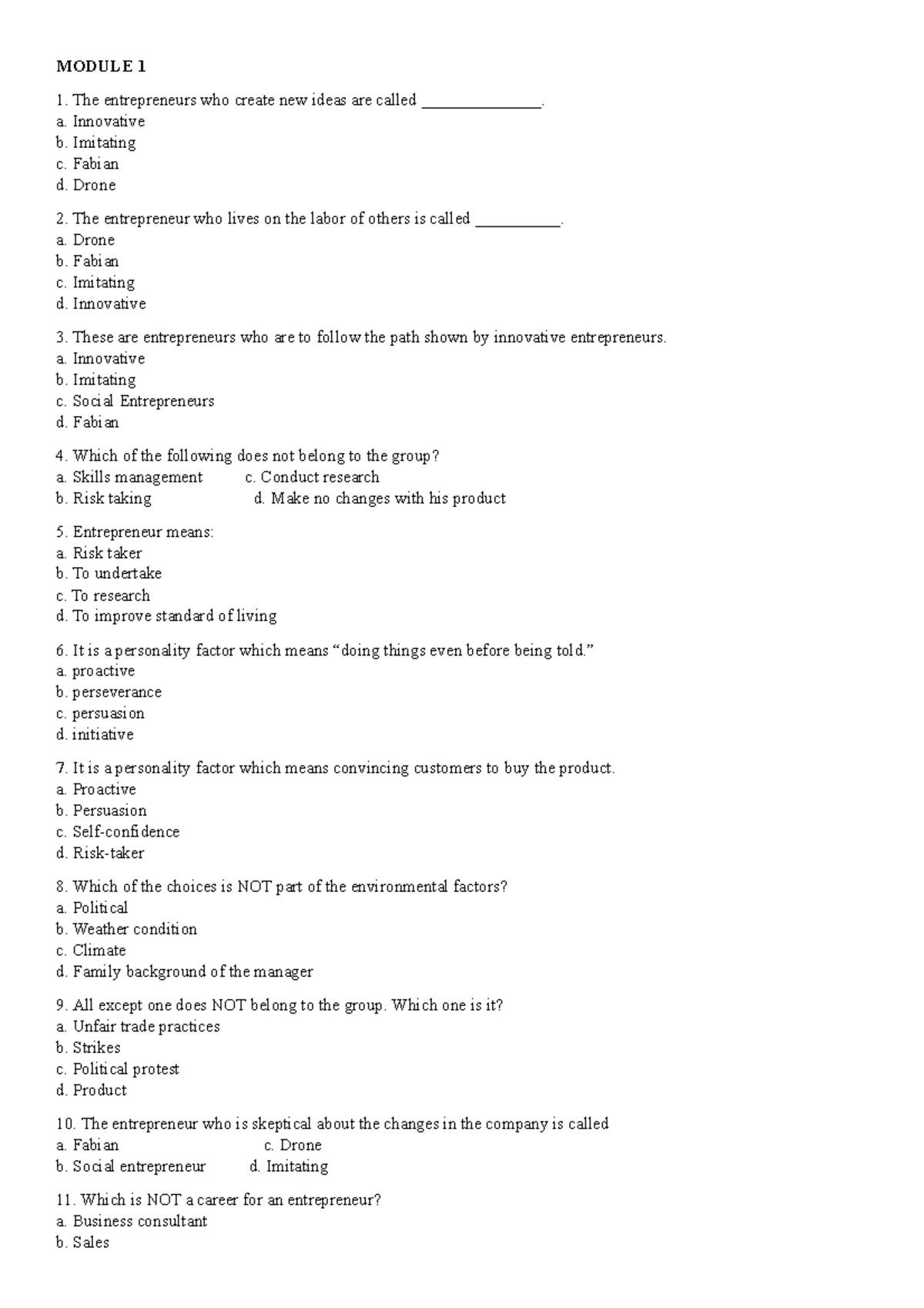 Entrep-Q1 Reviewer: Key Concepts & Quiz for Entrepreneurs - Studocu