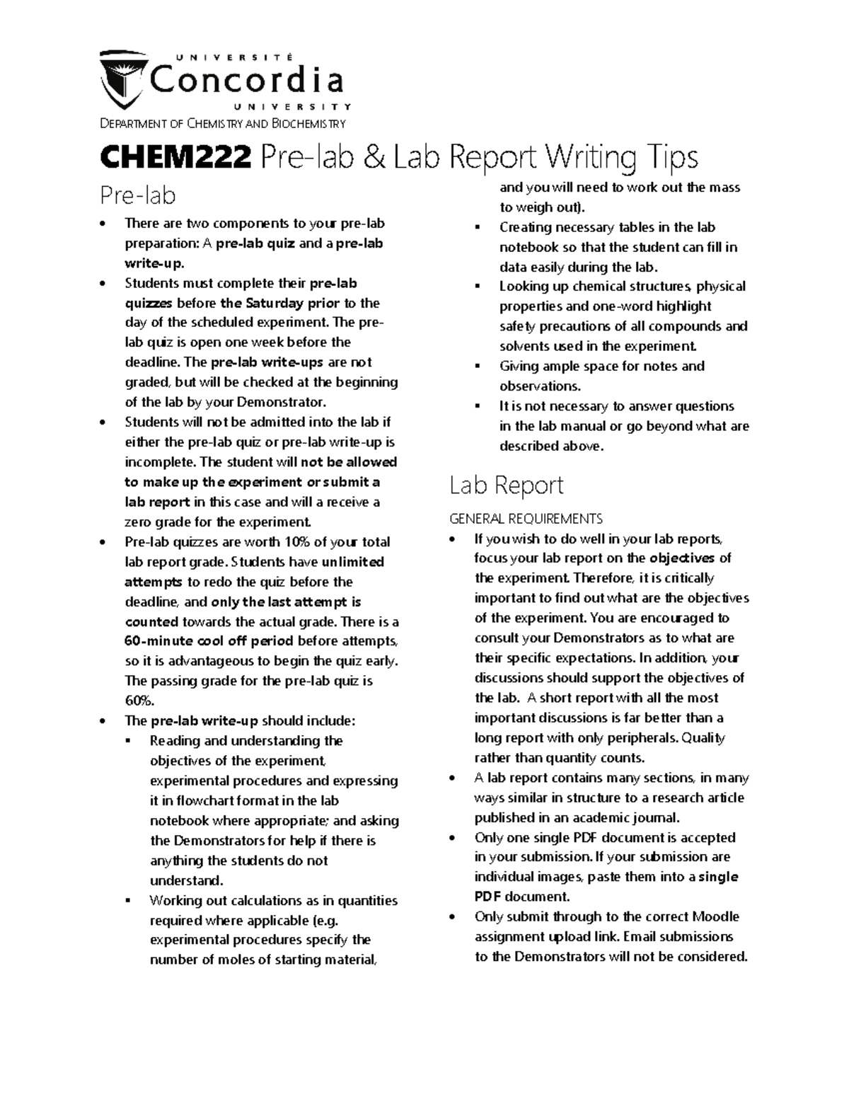 CHEM222 pre-lab and lab report writing tips - D EPARTMENT OF C HEMISTRY ...