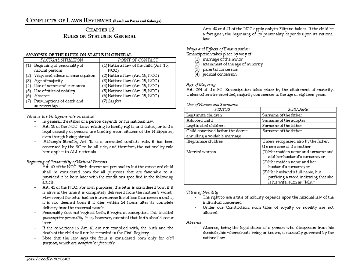 Conflicts of Laws Reviewer: Key Rules on Status and Marriage (LAW 101) - Document Preview