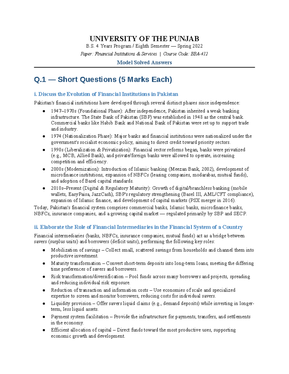 Financial Institutions Services (FIS) Spring 2022 Model Answers - Studocu