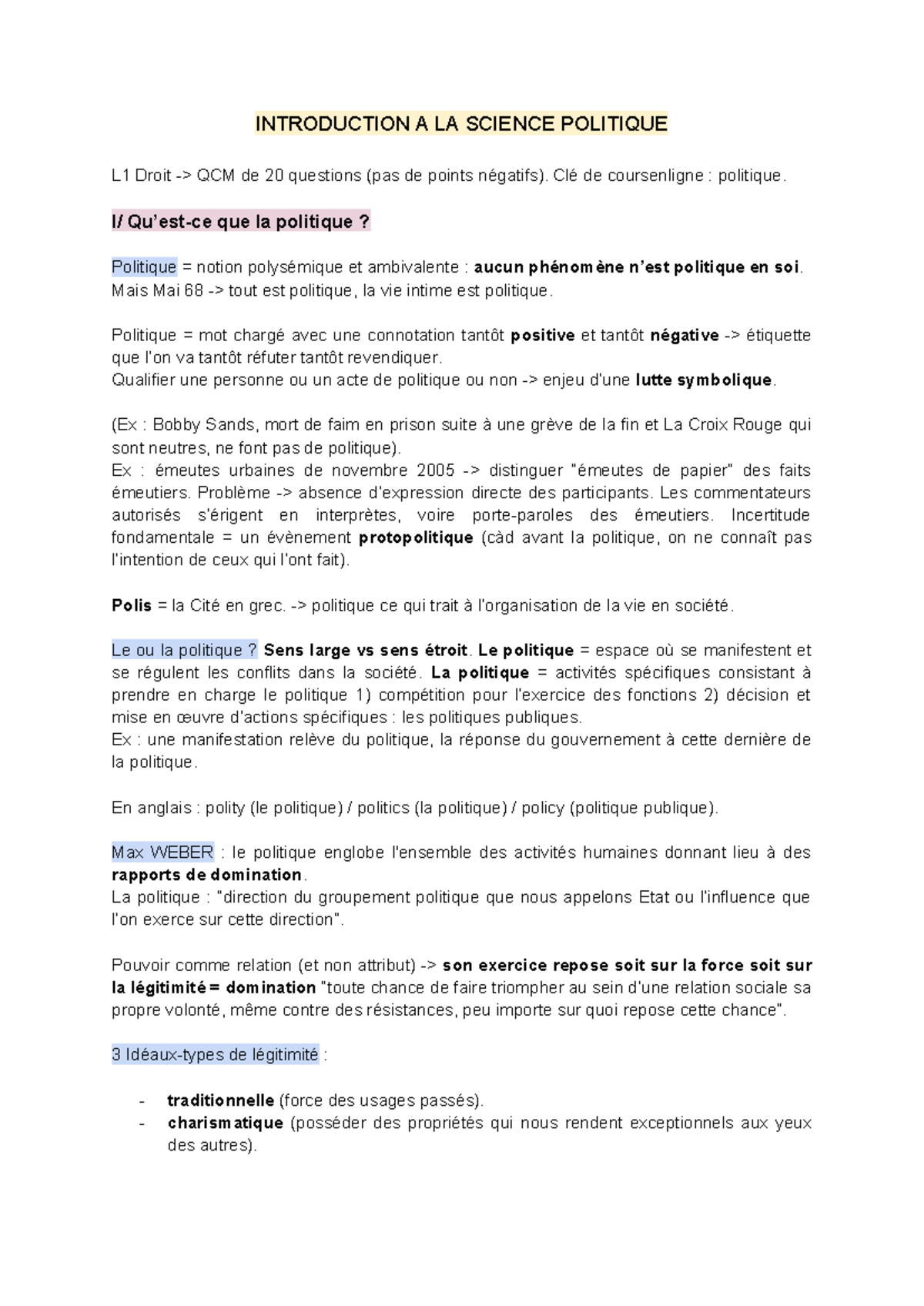 Introduction à la Science Politique - L1 Droit S1 (QCM) expliquant la ...