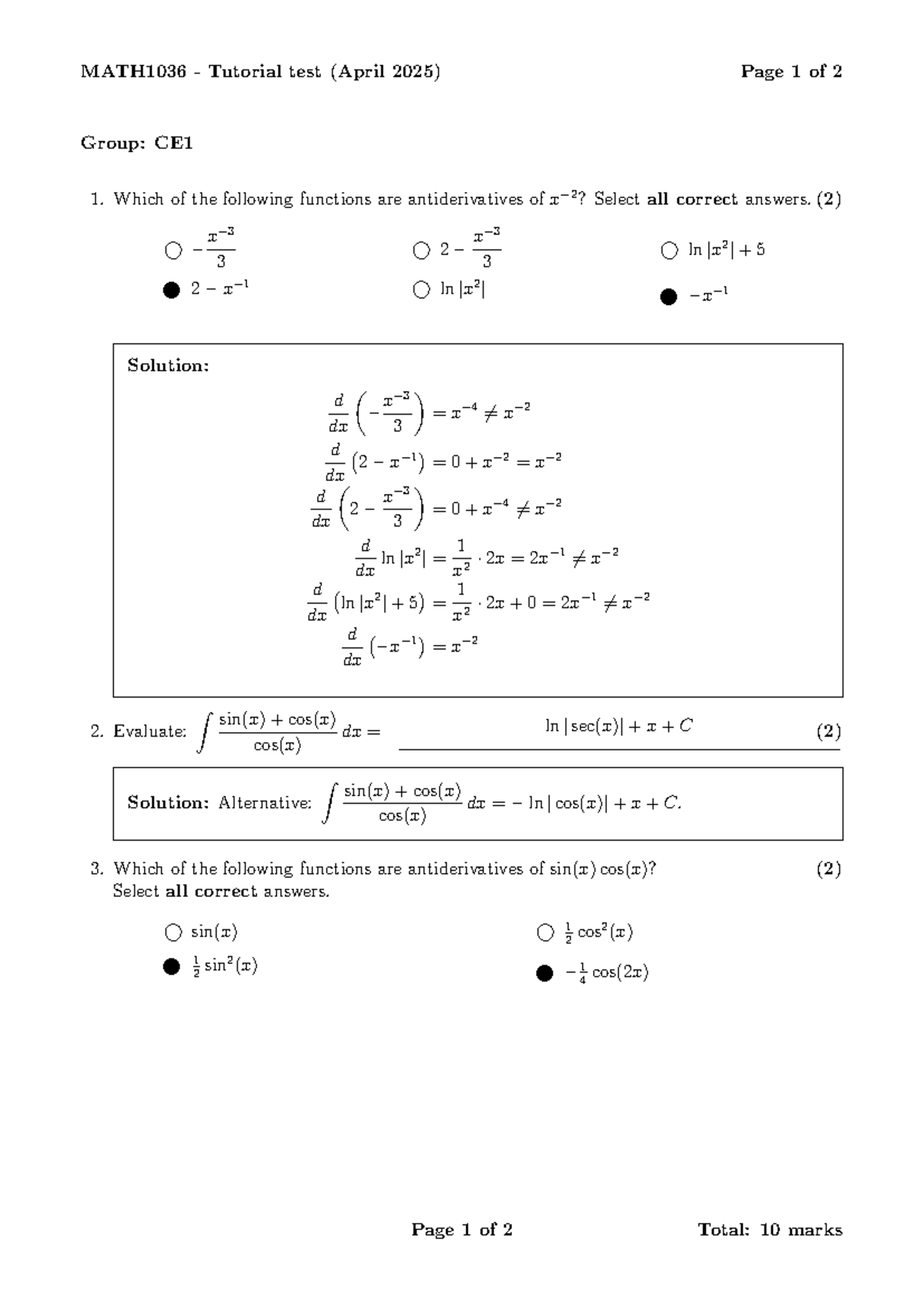 MATH1036 Tutorial Test Answers (April 2025) - Group CE1 - Studocu