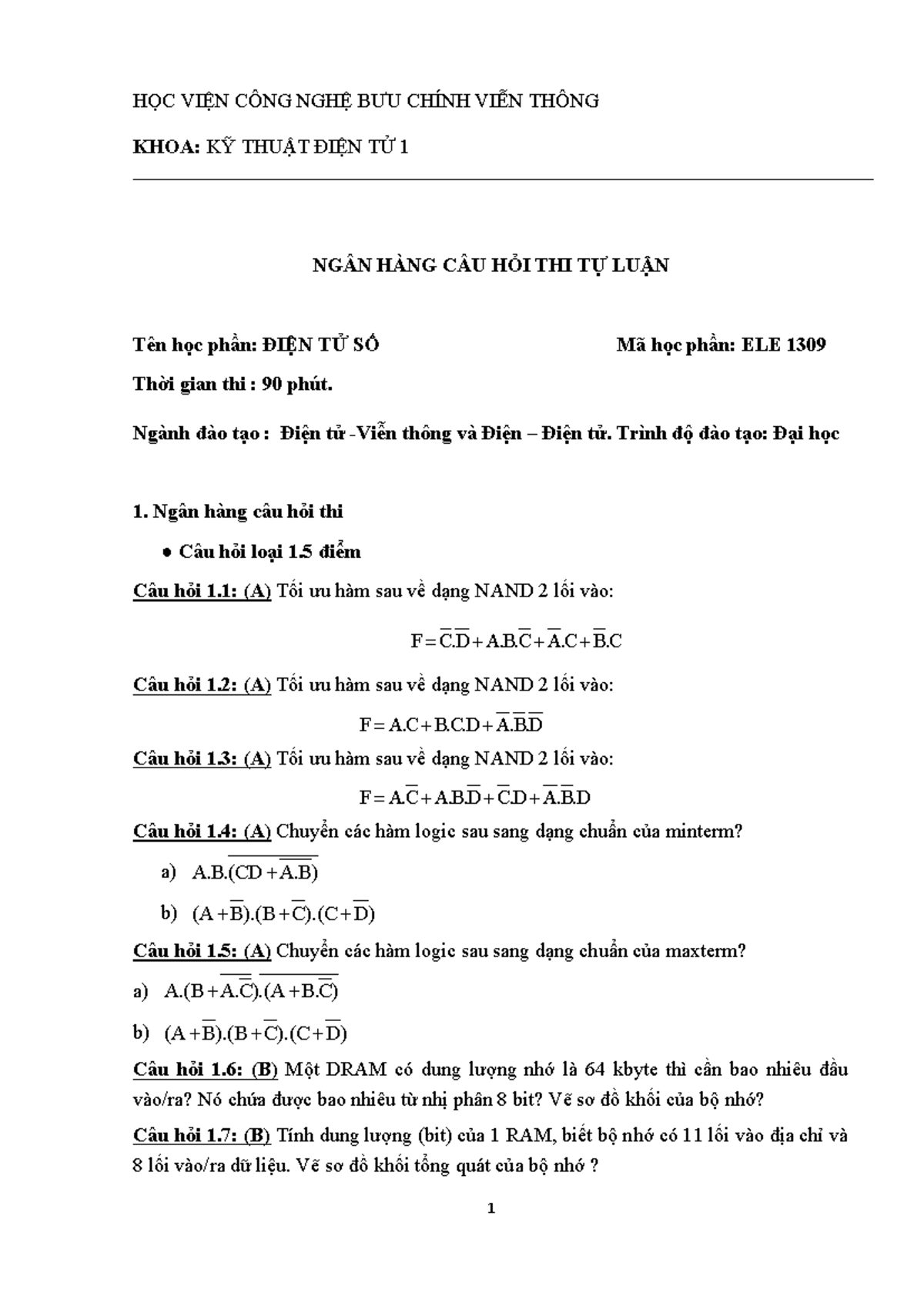 Ngân Hàng Câu Hỏi Thi Tự Luận Môn Điện Tử Số - ELE 1309 - Document Preview