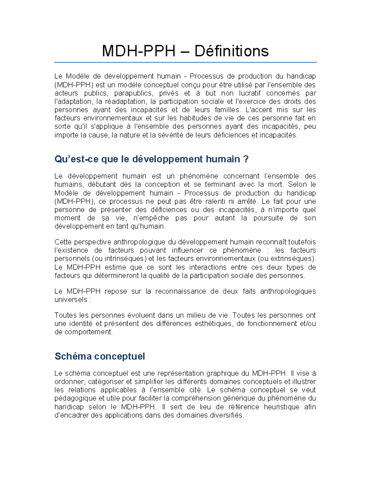 Définitions du Modèle de Développement Humain PPH - Notes - Studocu