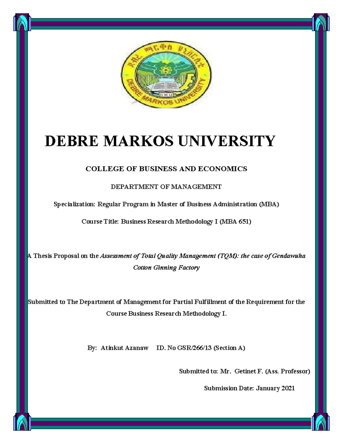 Atu Research Proposal - reserach - COLLEGE OF BUSINESS AND ECONOMICS ...