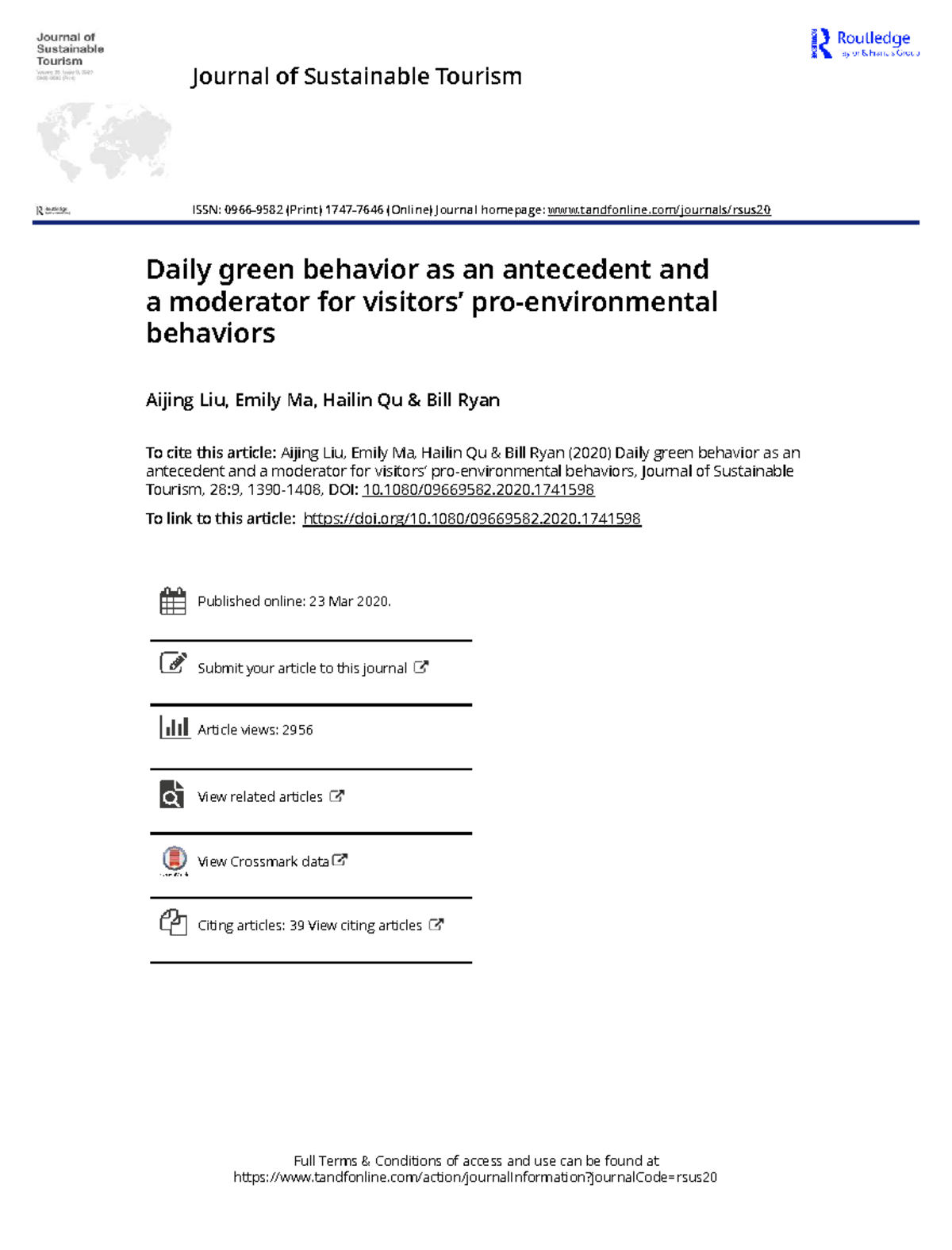 Daily Green Behavior as a Moderator for Visitors' Pro-Environmental ...