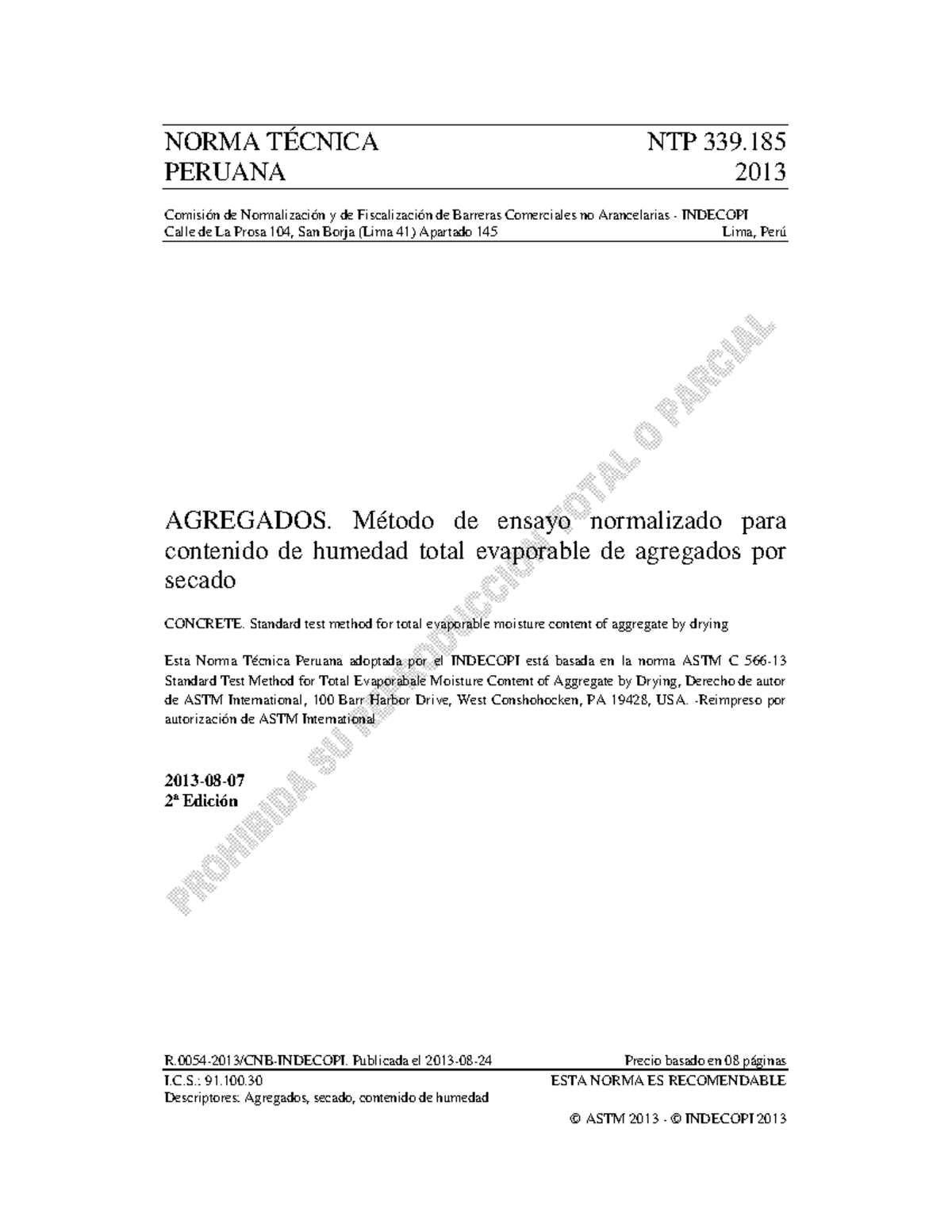 NTP-339.185:2013 Método Normalizado para Agregados por Secado - Document Preview