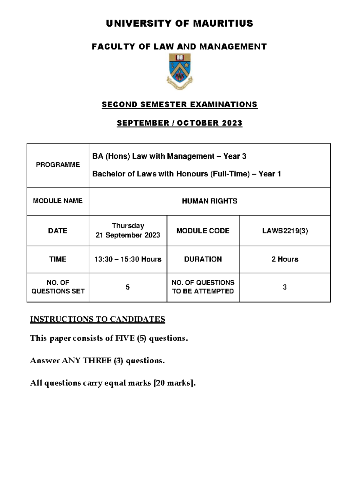 LAWS2219(3) Human Rights Final Exam Paper - September 2023 - Studocu