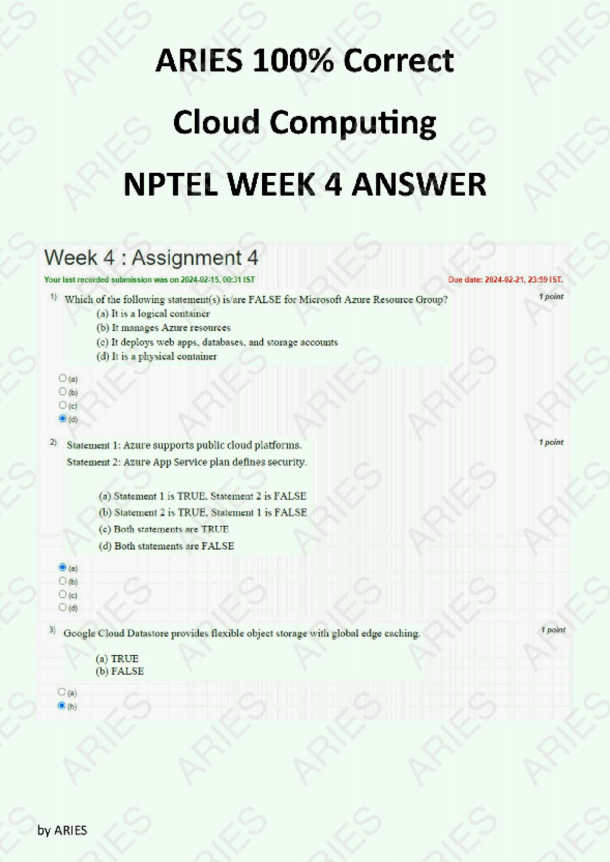 Cloud Computing Wk 4 Answers - 100% Correct | NPTEL by Aries - Studocu