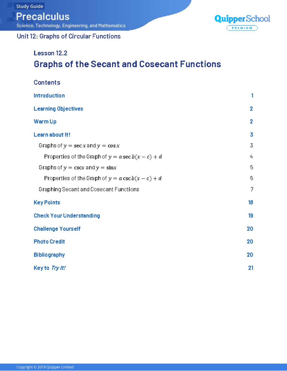 Unit 12: Lesson 12.2 - Graphs of Secant and Cosecant Functions - Studocu