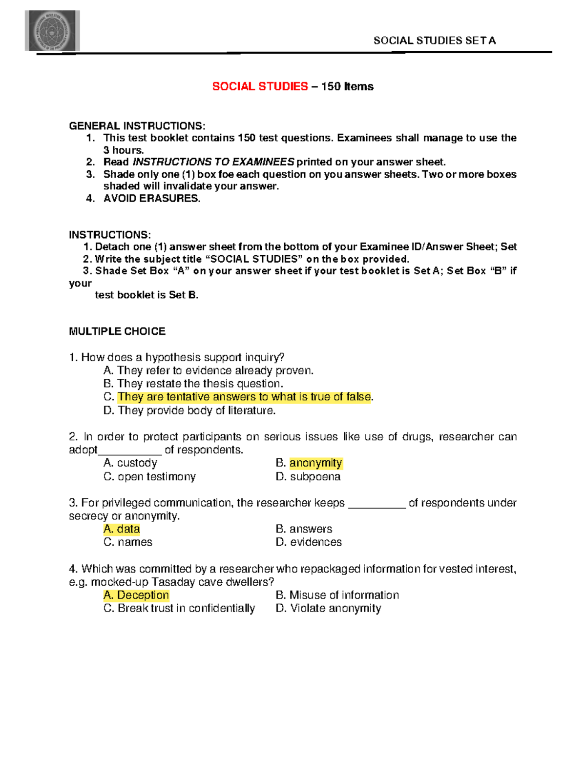 Socscie 1: 150 Multiple Choice Questions for Social Studies Exam - Studocu