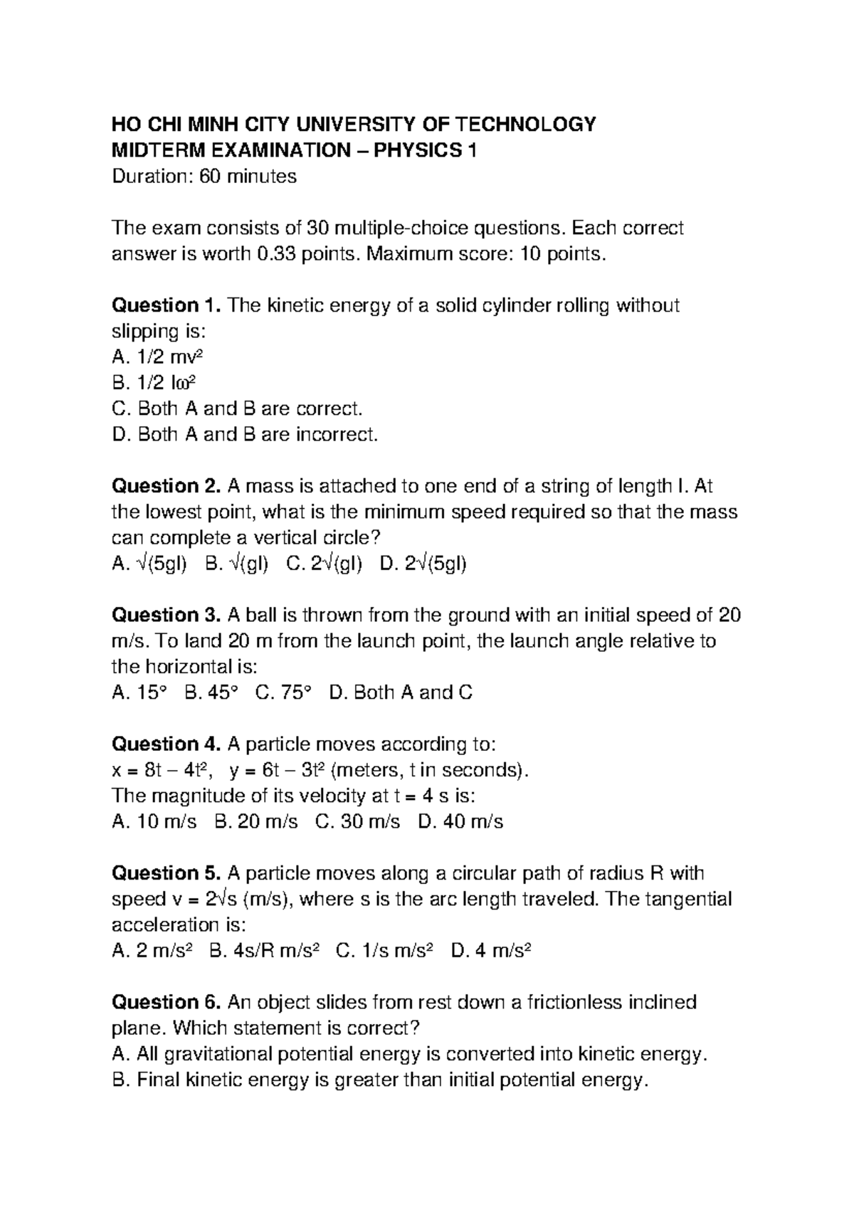 PHYSICS 1 MIDTERM EXAMINATION (HCMUT) - Questions 1-30 - Studocu