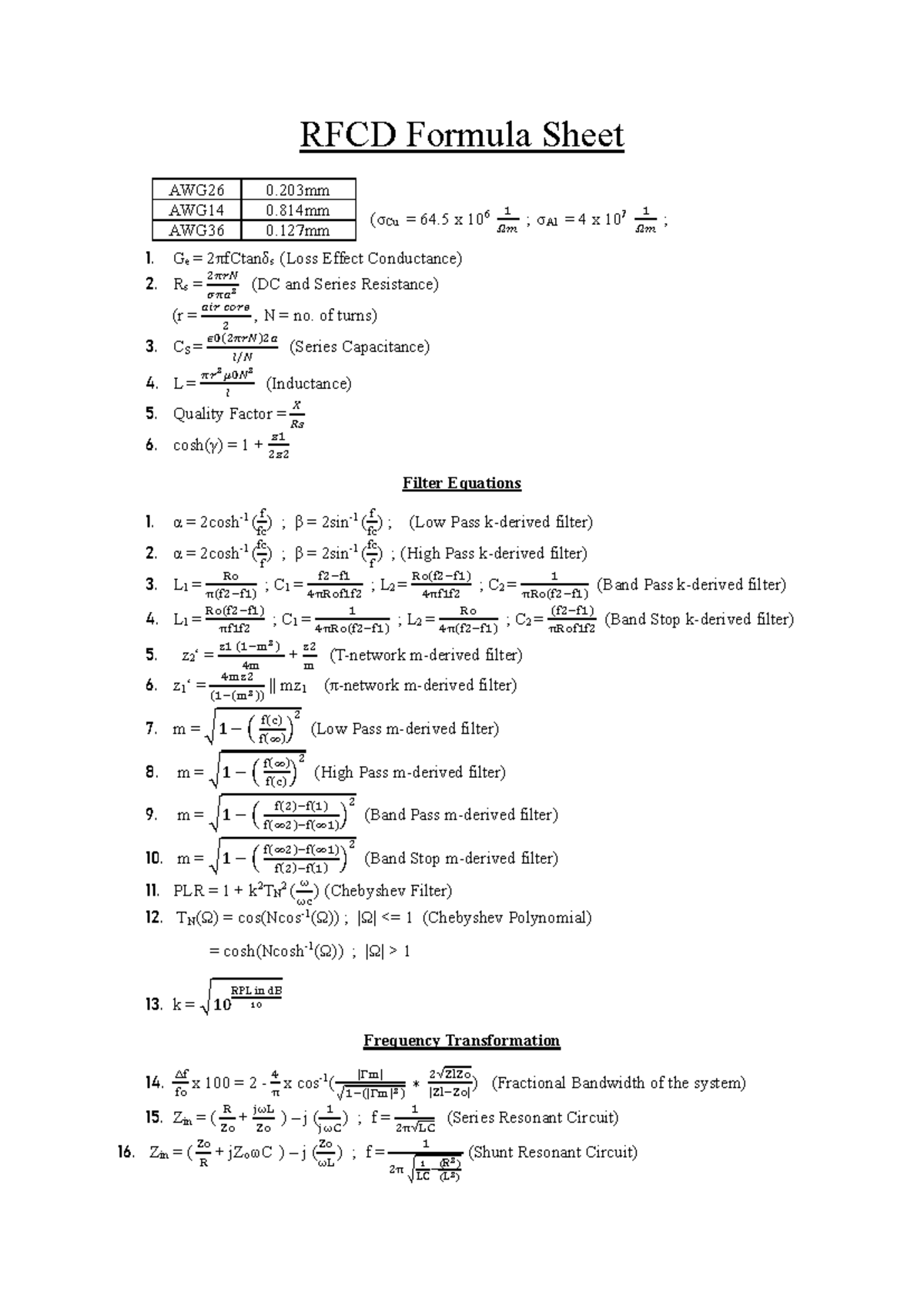 RFCD Final Formula Sheet for End Semester Exam - Studocu
