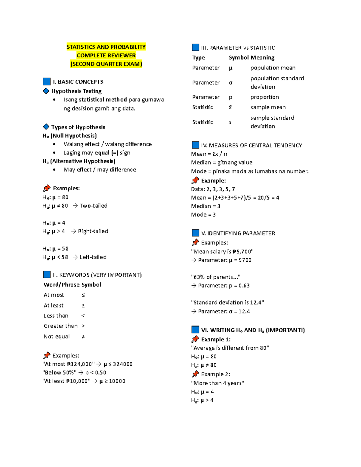 STATISTICS AND PROBABILITY COMPLETE REVIEWER (2ND SEM Q2) - Studocu