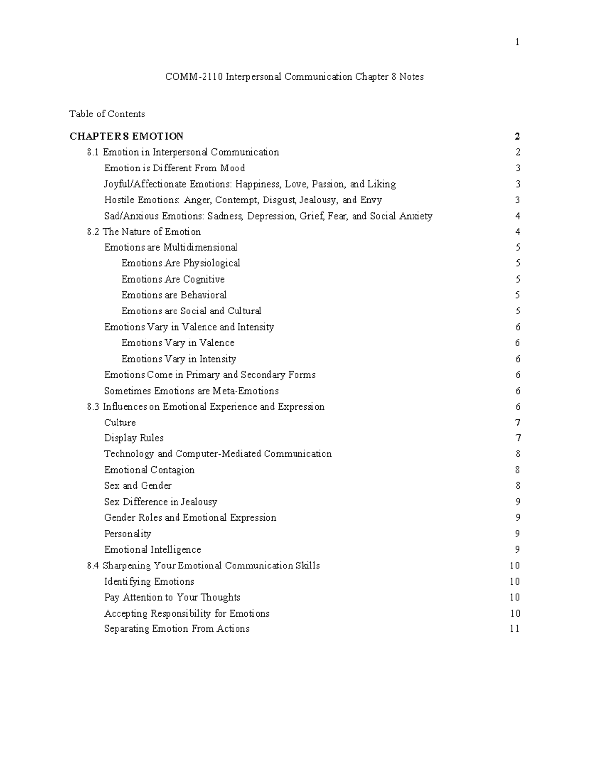 COMM2110 Chapter 8 Emotion: Key Notes & Insights on Communication - Studocu