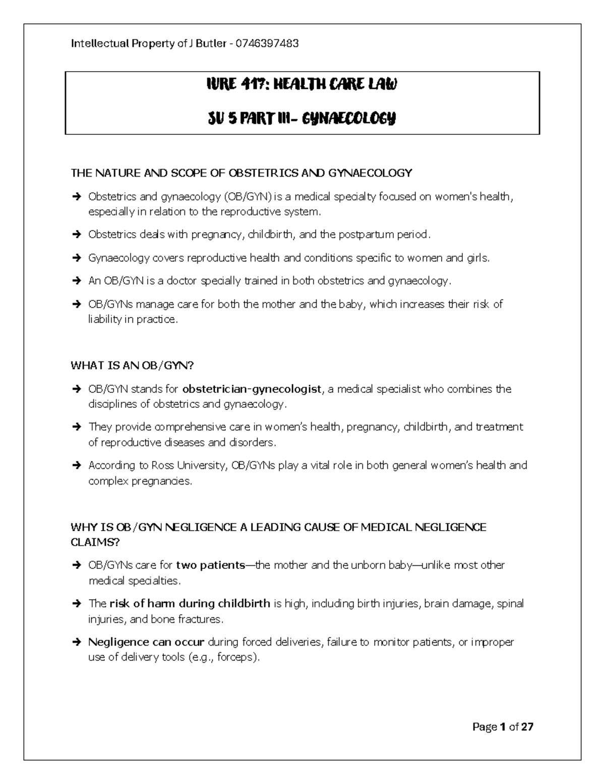 SU 5 PART 3 & 4 - Exam Notes on Obstetrics and Gynaecology Negligence ...