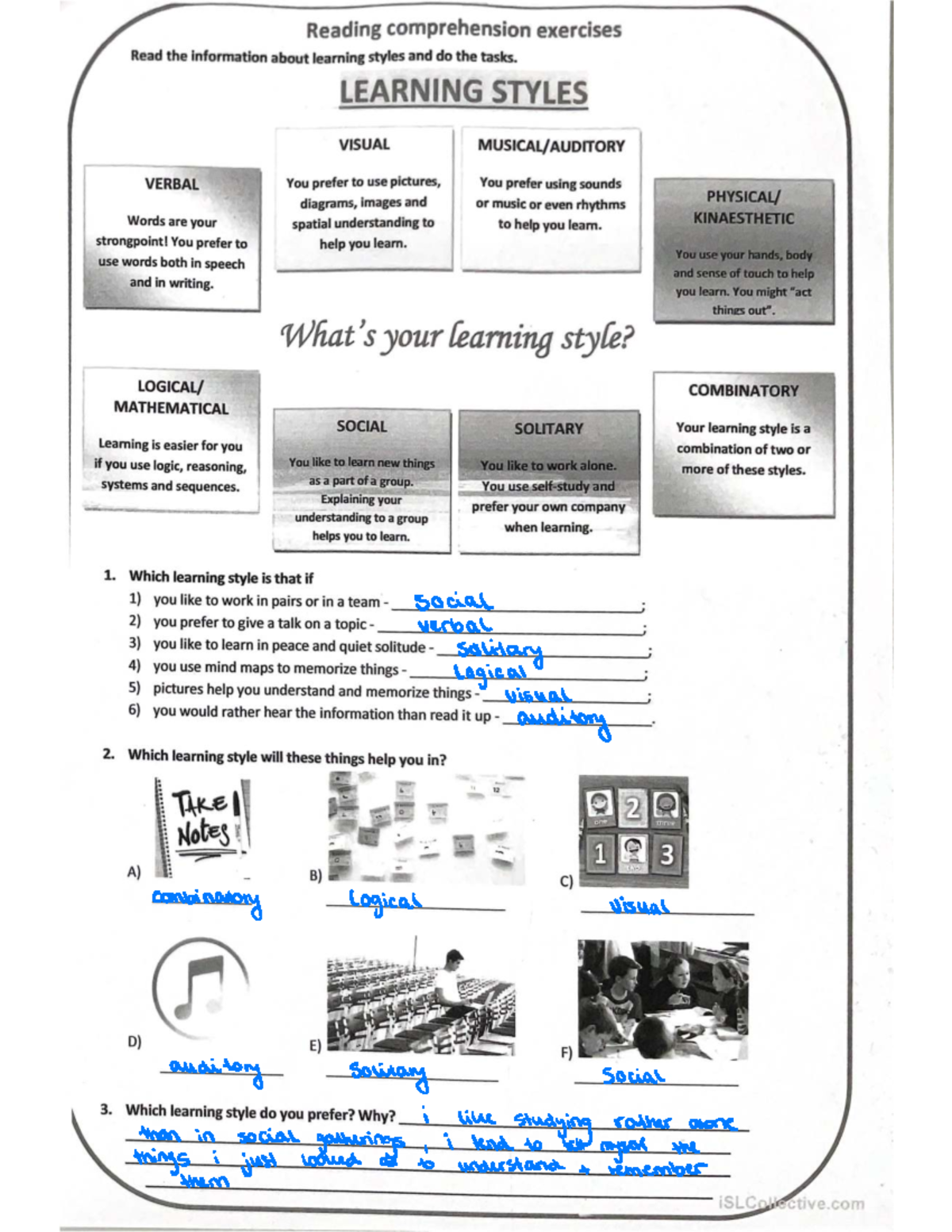 Learning Styles: Reading Comprehension Exercises and Tasks - Studocu