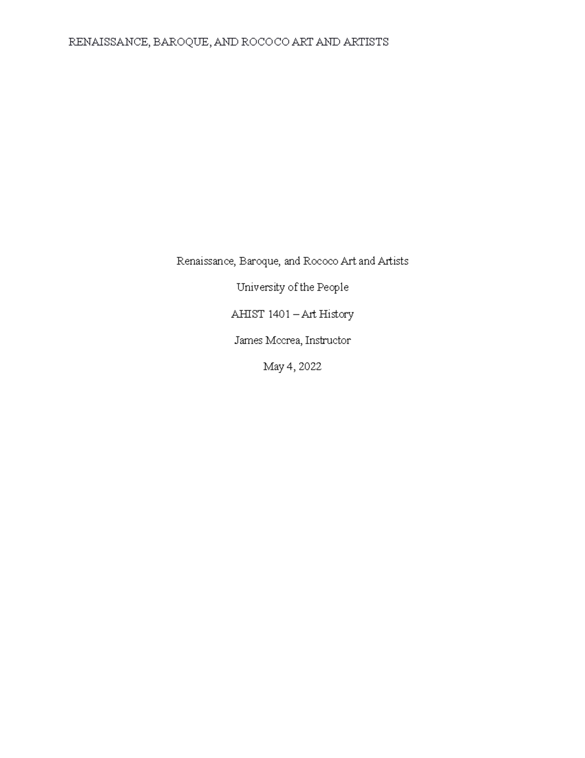 AHIST 1401 Written Assignment: Renaissance, Baroque, and Rococo Art ...