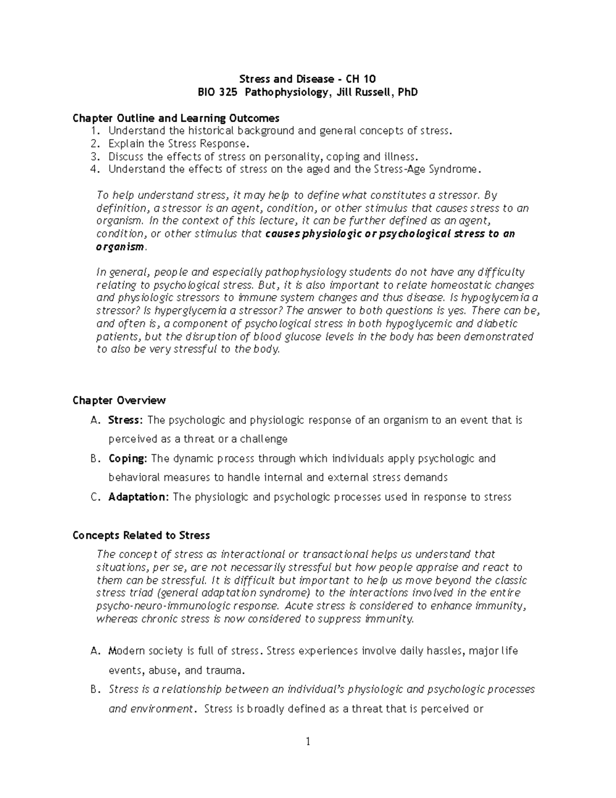 Stress Response and Pathophysiology - BIO 325 Lecture Notes - Studocu